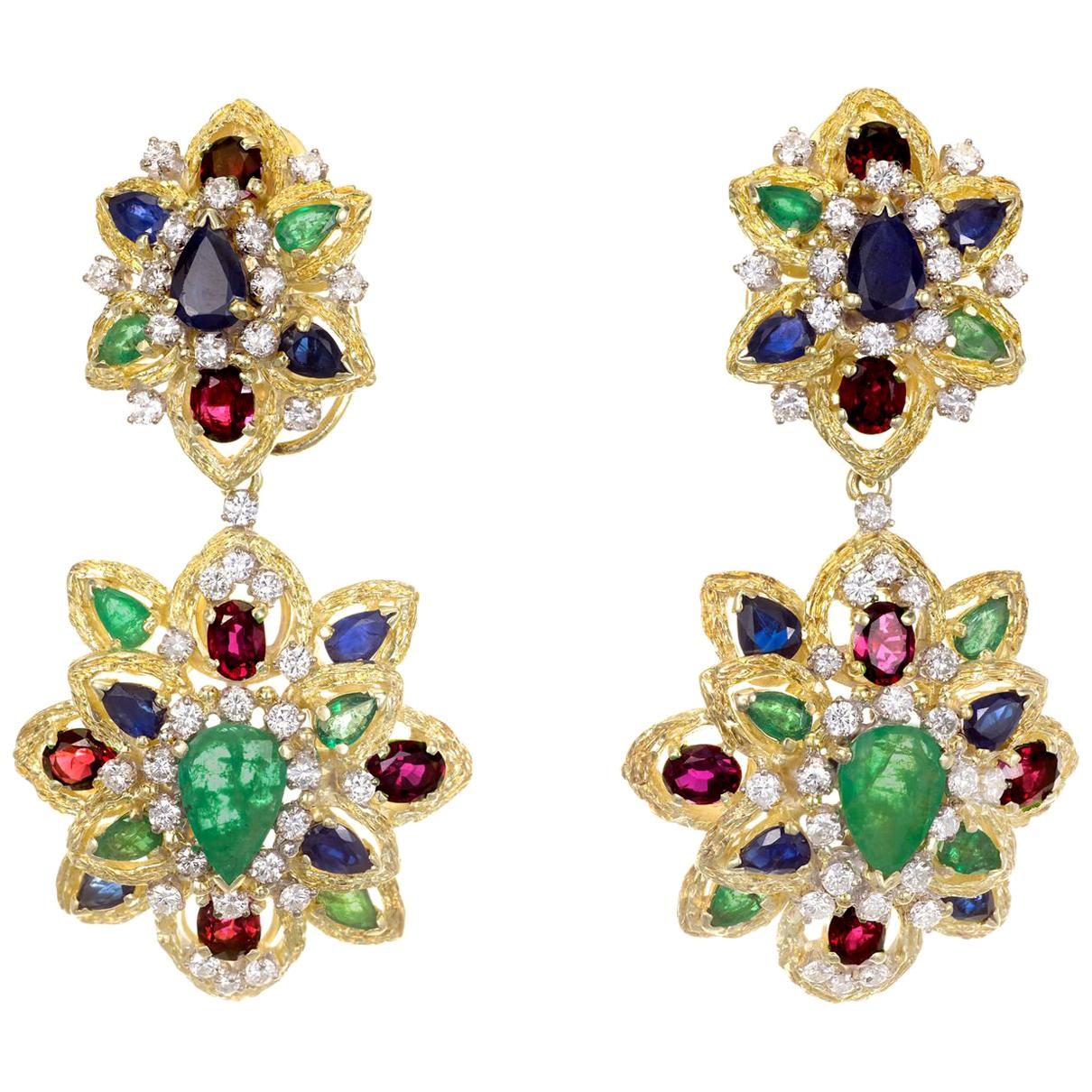 GIA Certifed 11.68 Carat Emeralds Sapphire Ruby Diamond Gold Dangle Earrings For Sale