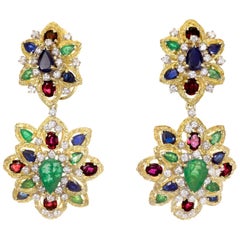 Antique GIA Certifed 11.68 Carat Emeralds Sapphire Ruby Diamond Gold Dangle Earrings