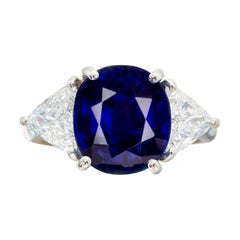 GIA Certifed 3.75 Carat Royal Blue Sapphire Diamond Three Stone Ring
