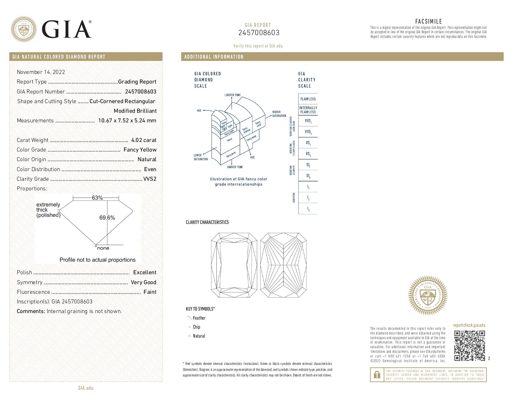 GIA Certifed 4.02 Carat Fancy Yellow Radiant Cut Diamond Three Stone Ring In New Condition For Sale In Chicago, IL