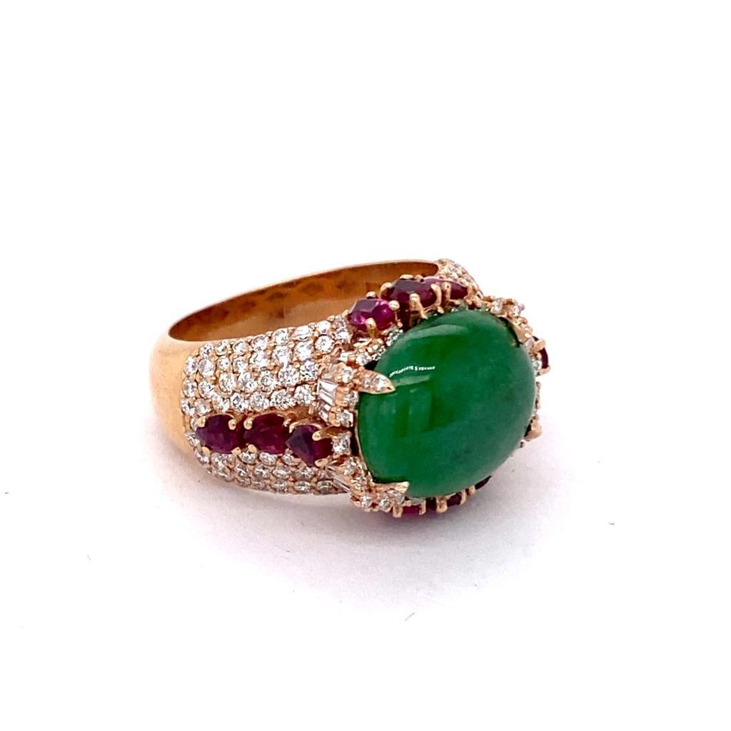 18K Rose / Yellow Gold 11.19gm
imperial Type A Jadeite Jade 4.94ct GIA # 2201543147 
1.65ct Ruby 
1.15ct Diamond 
Warmly crafted in 18K rose and yellow gold, this stunning style features a zesty green 2.30ct natural Imperial Jadeite Jade center