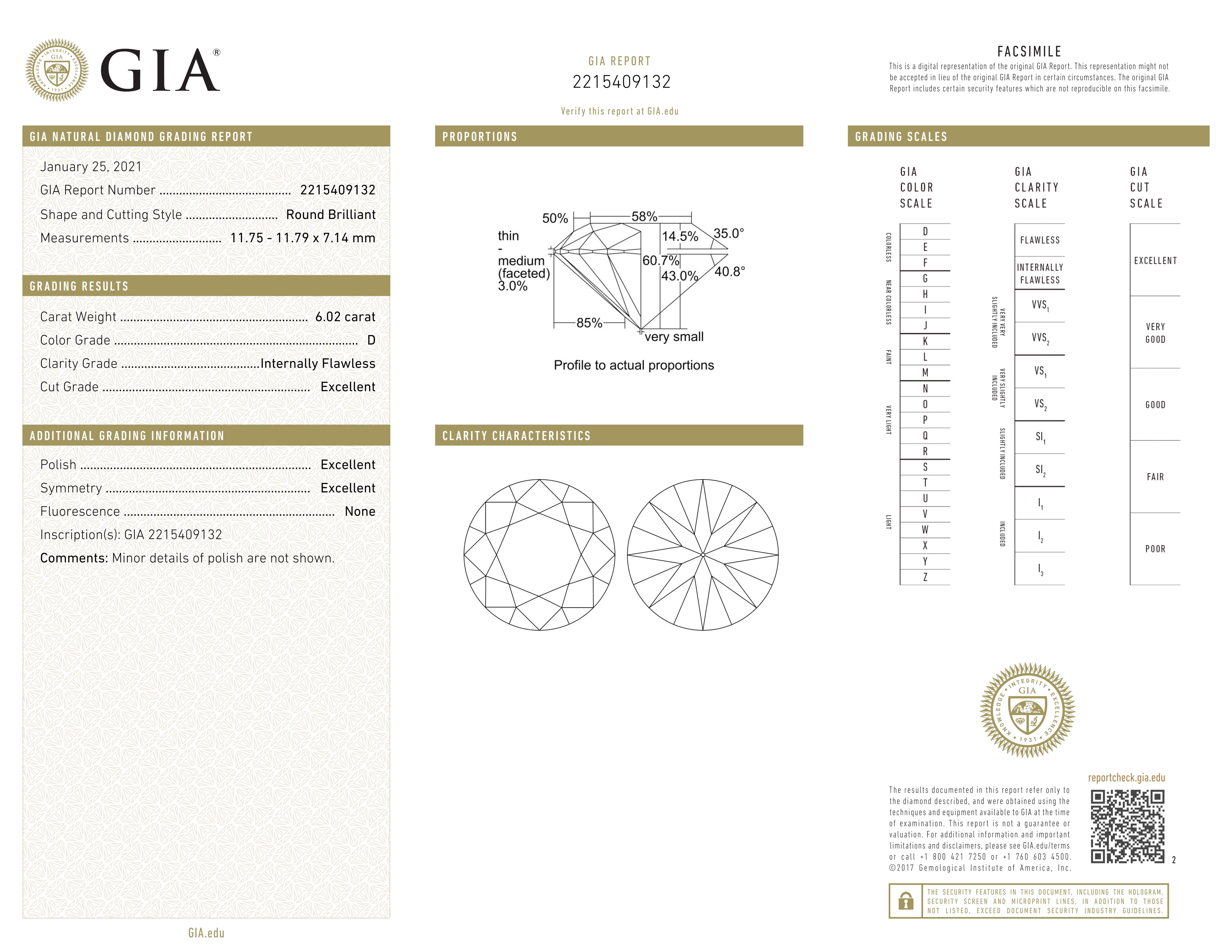 GIA Certificato 6 Carati Taglio Brillante Rotondo  Anello di fidanzamento in platino D. A. In condizioni Nuovo in vendita a Chicago, IL