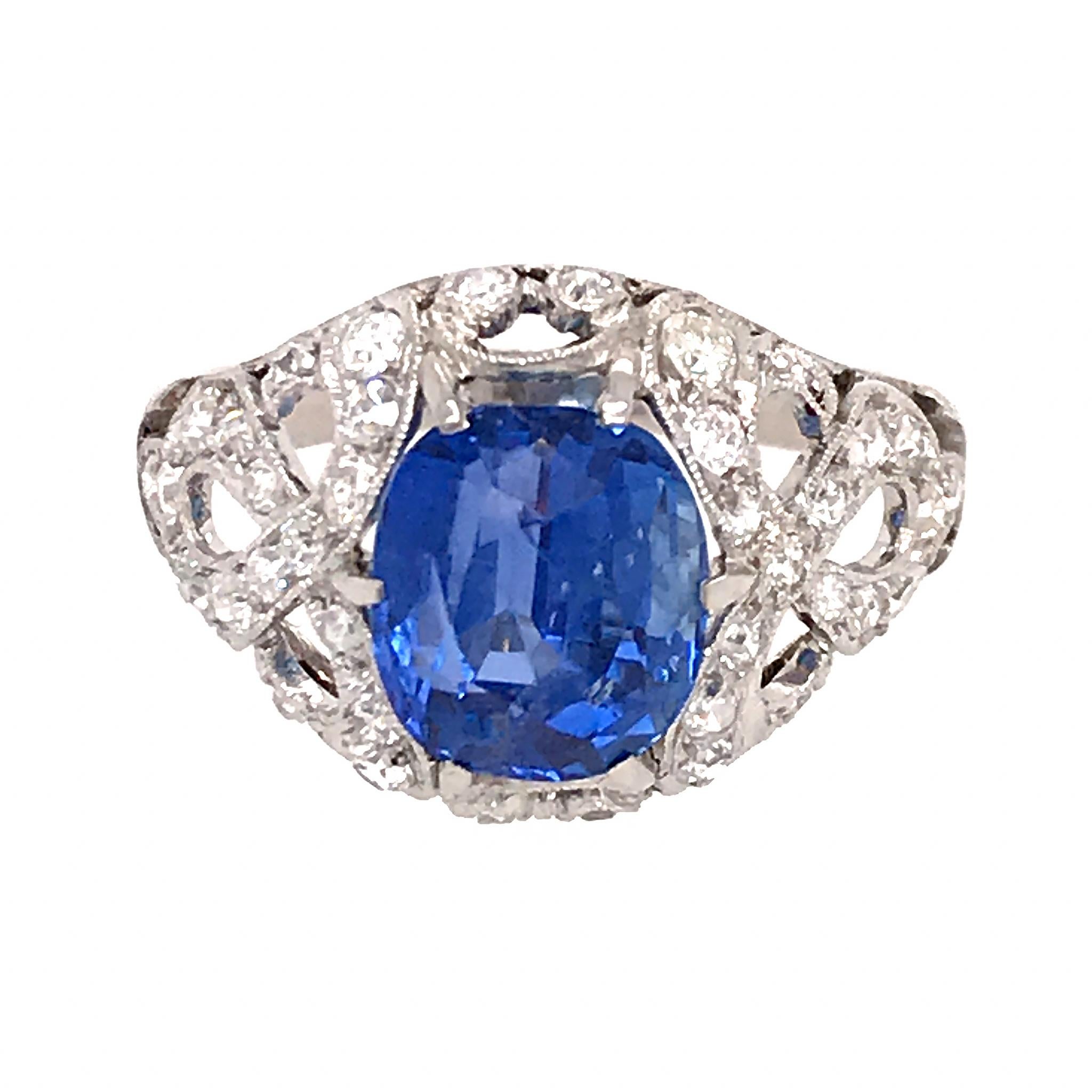 Platinum
Sapphire: 3.55 ct TW
GIA Report Number: 6203700180
Sapphire Cut: Oval - Brilliant Cut
Color: Blue - No heat
Origin:  Sri Lanka
Diamond: 0.60 ct twd
Ring Size: 5