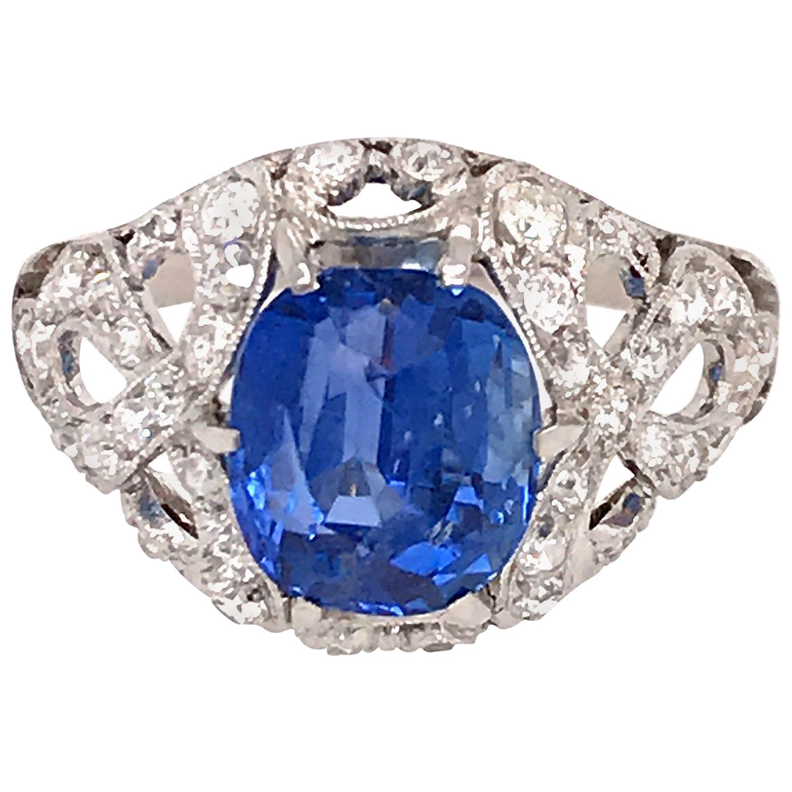 GIA Certifed Vintage No-Heat Natural Sapphire and Diamond Ring For Sale