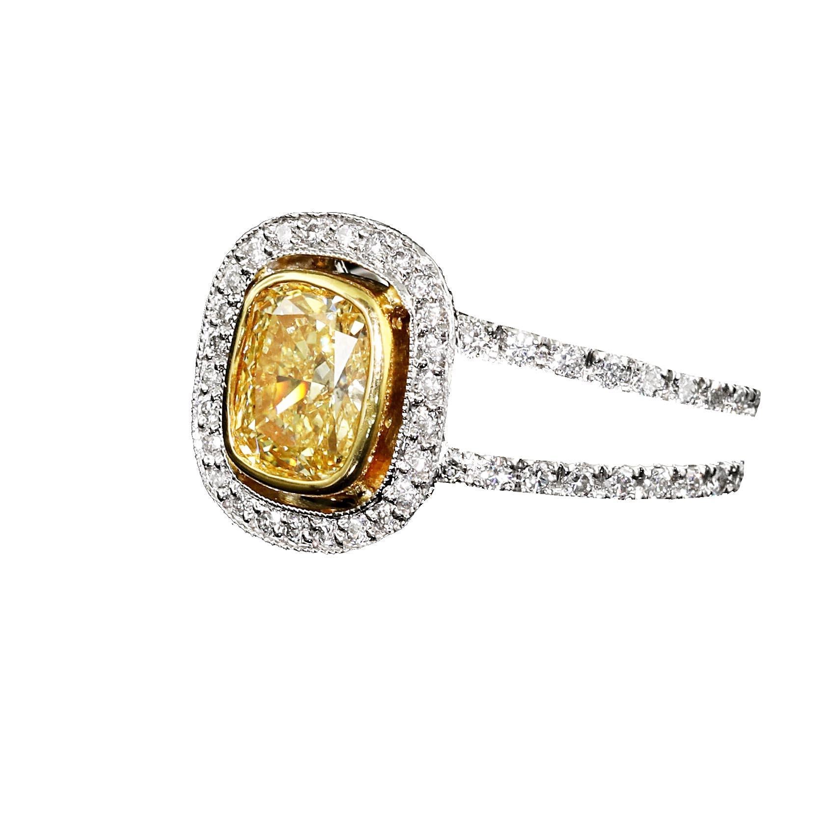 Modern GIA Certificate, 1.42 Carat Fancy Intense Yellow Cushion Diamond Engagement Ring