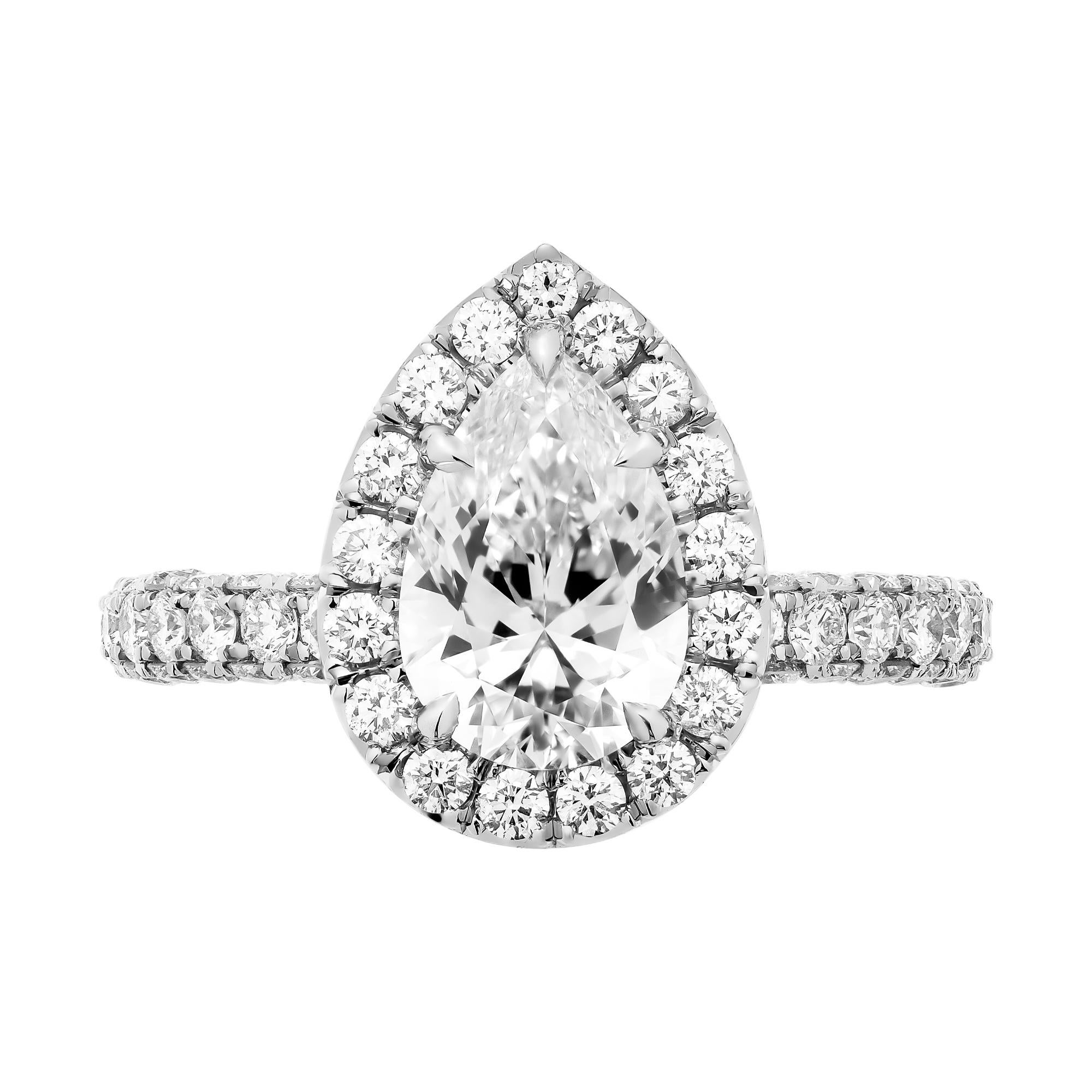Mounted in handmade custom design setting featuring Platinum 950, white full cut diamonds are encrusted all over the fancy gallery, diamond stage and stems, double edge halo around center stone, 3 rows of diamonds on the  shank - complimenting the