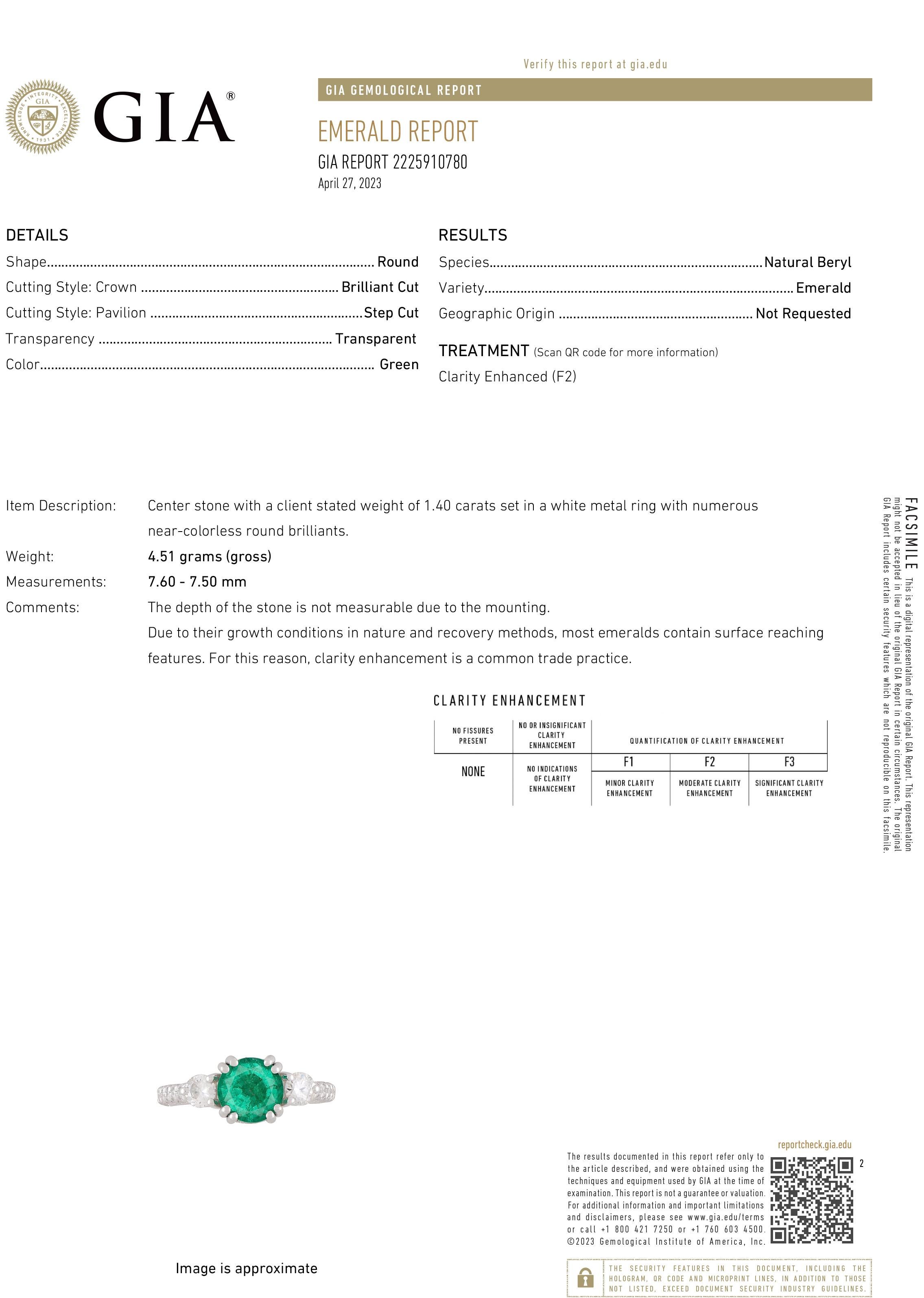 The ring features a captivating design that combines the elegance of 18-karat gold with the natural beauty of a round Colombia emerald, weighing 1.40 carat and sparkling diamonds., weighing 1.45 carat. It is crafted with attention to detail, making