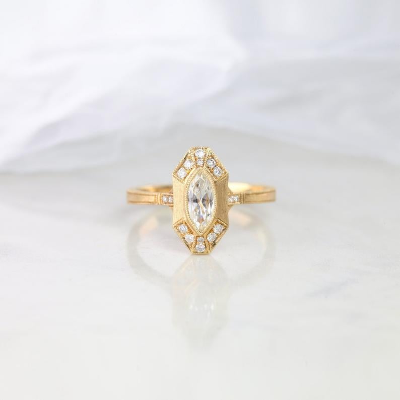 De las mujeres Anillo estilo vintage con diamante talla marquesa certificado por GIA de 0,33 quilates
