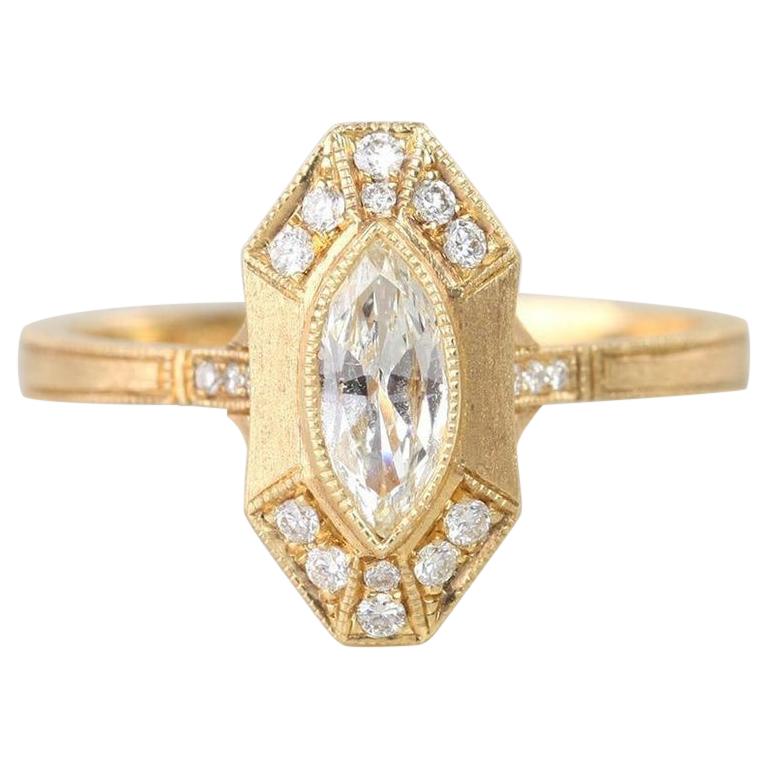 Bague de style vintage avec diamants taille marquise certifiés GIA de 0,33 carat en vente