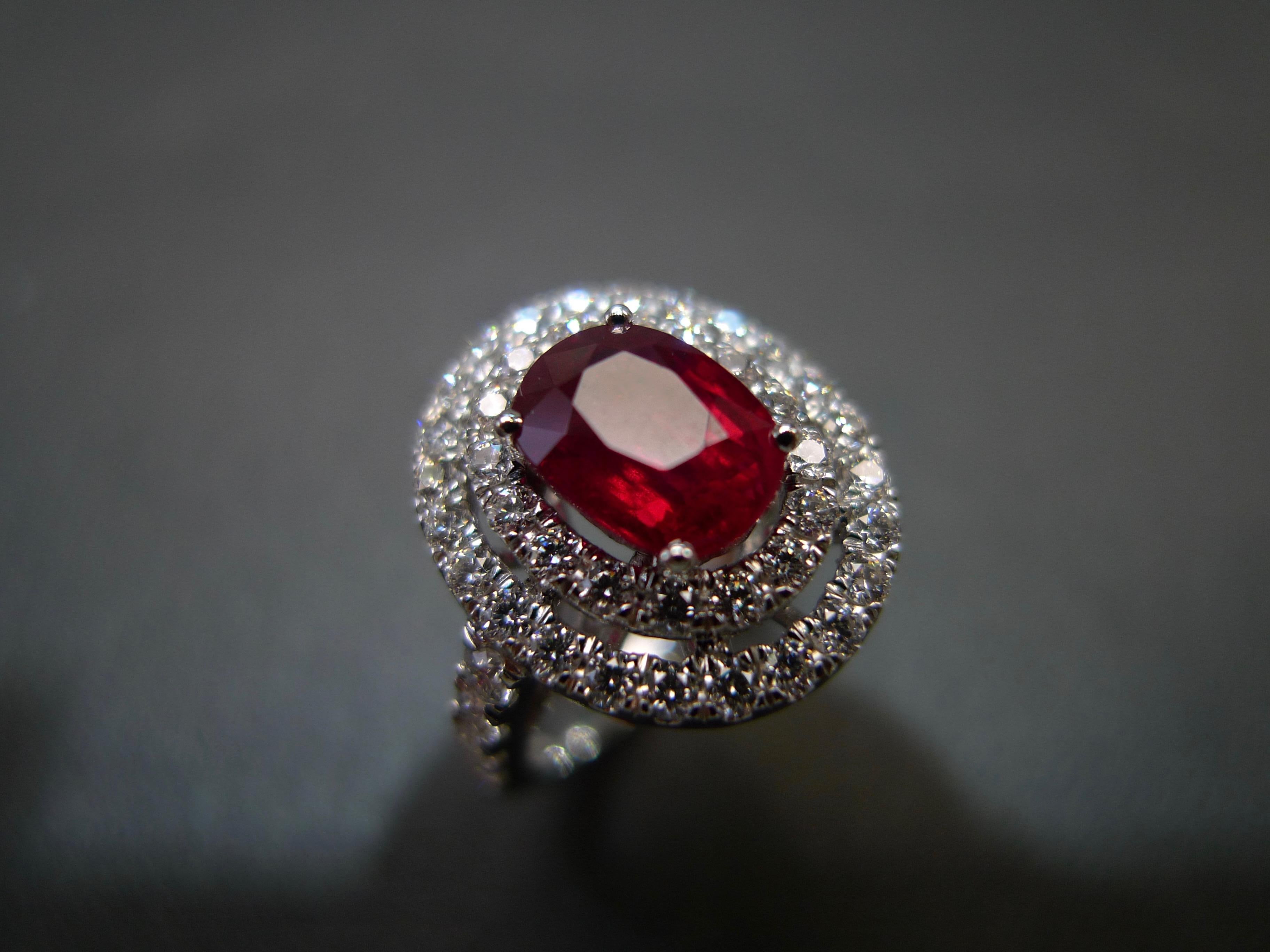 GIA Certificated 2.03 Carat Ruby Vivid Red Pigeon Blood Burma and Diamond Ring For Sale 4