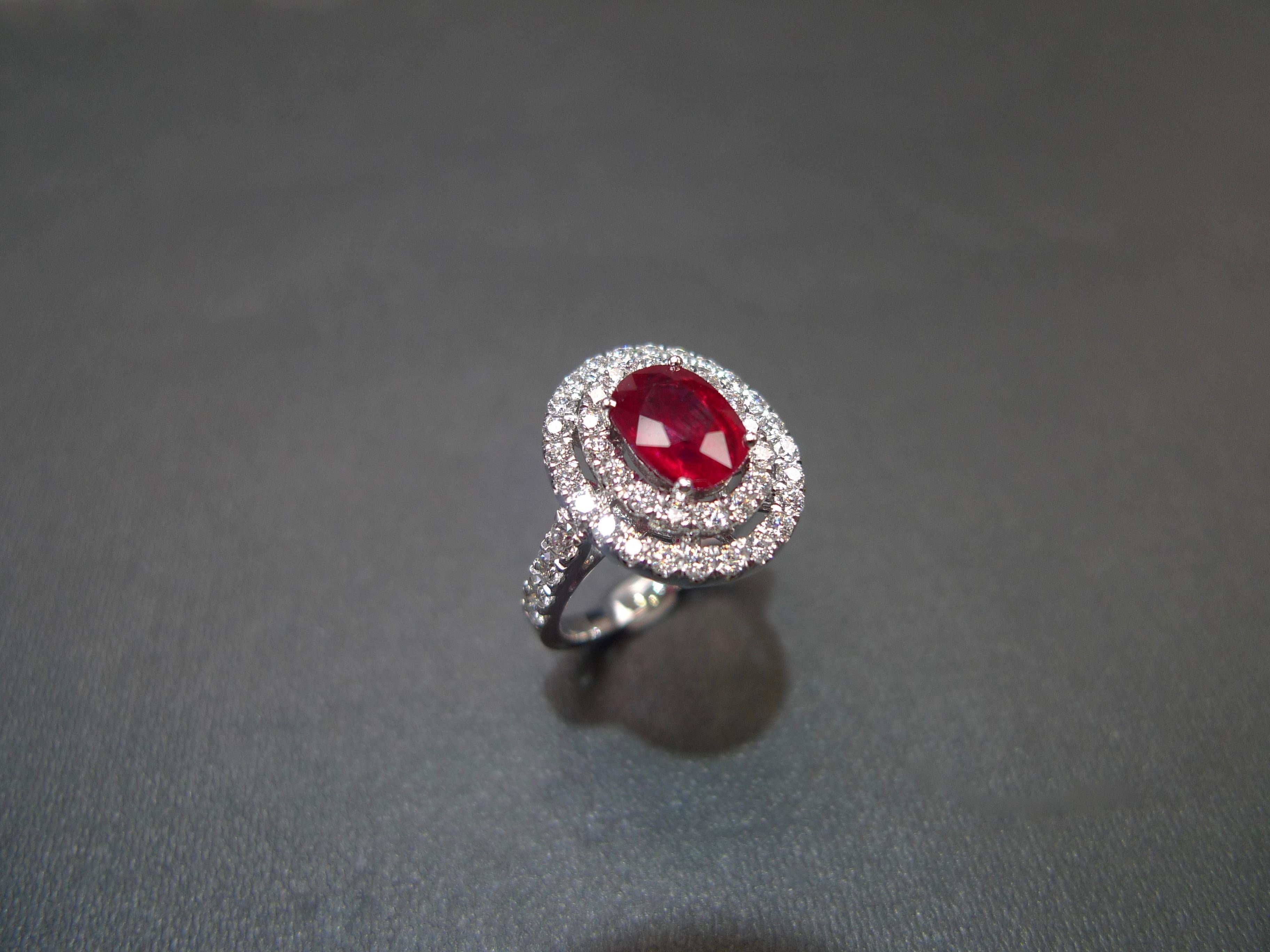 Oval Cut GIA Certificated 2.03 Carat Ruby Vivid Red Pigeon Blood Burma and Diamond Ring For Sale