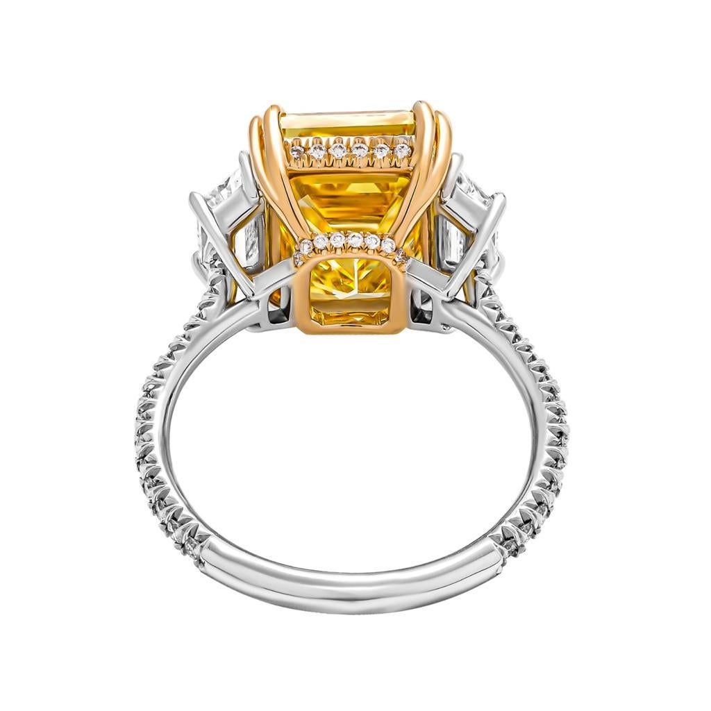 Contemporary GIA Certificated Fancy Vivid 7.01ct Emerald Cut Yellow Diamond Ring, PT950/18kt
