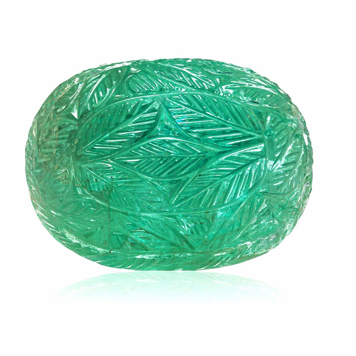 Contemporary GIA Certificated Oval Carved Double Sided Cabochon Emerald Weighing 53.64 Carats For Sale
