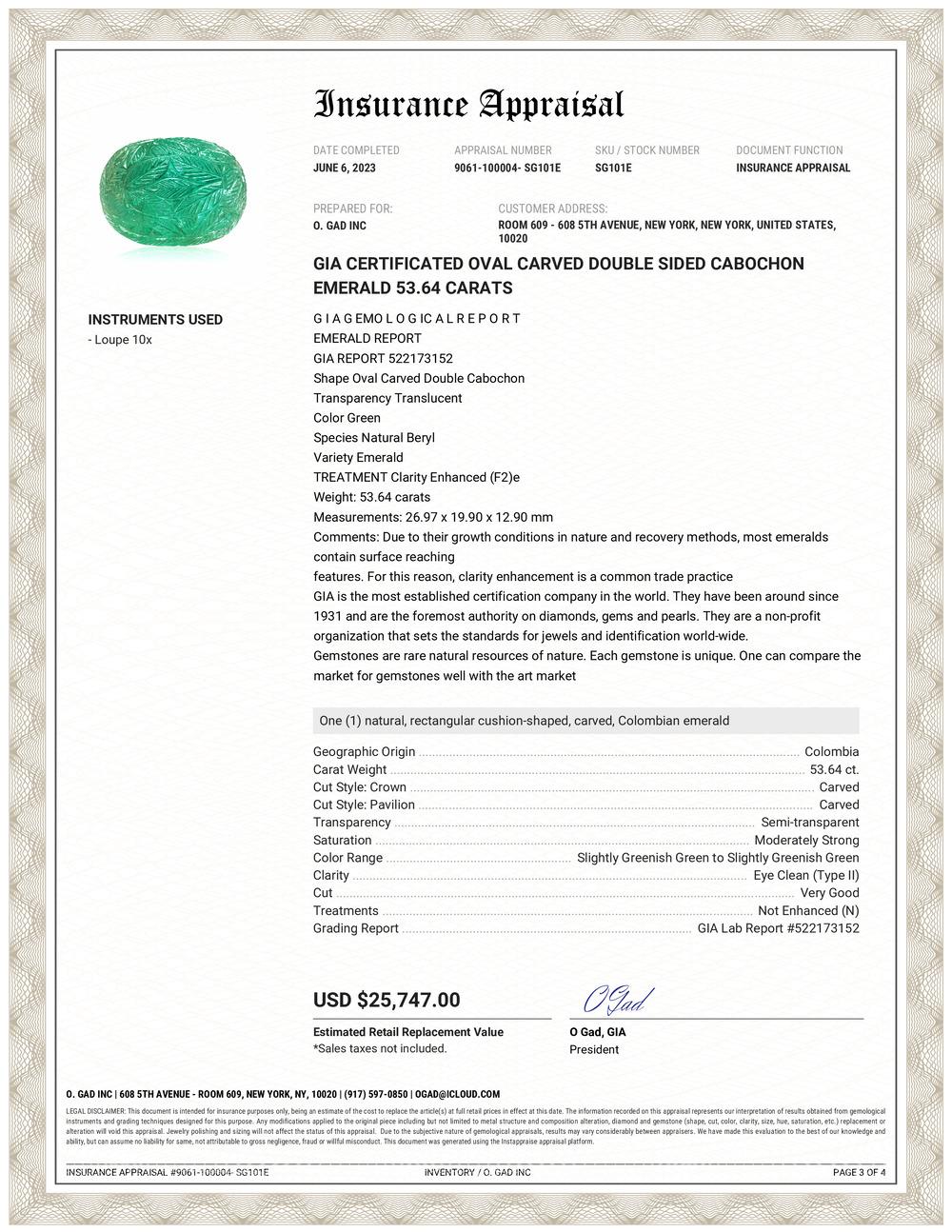 GIA Certificated Oval Carved Double Sided Cabochon Emerald Weighing 53.64 Carats In New Condition For Sale In New York, NY