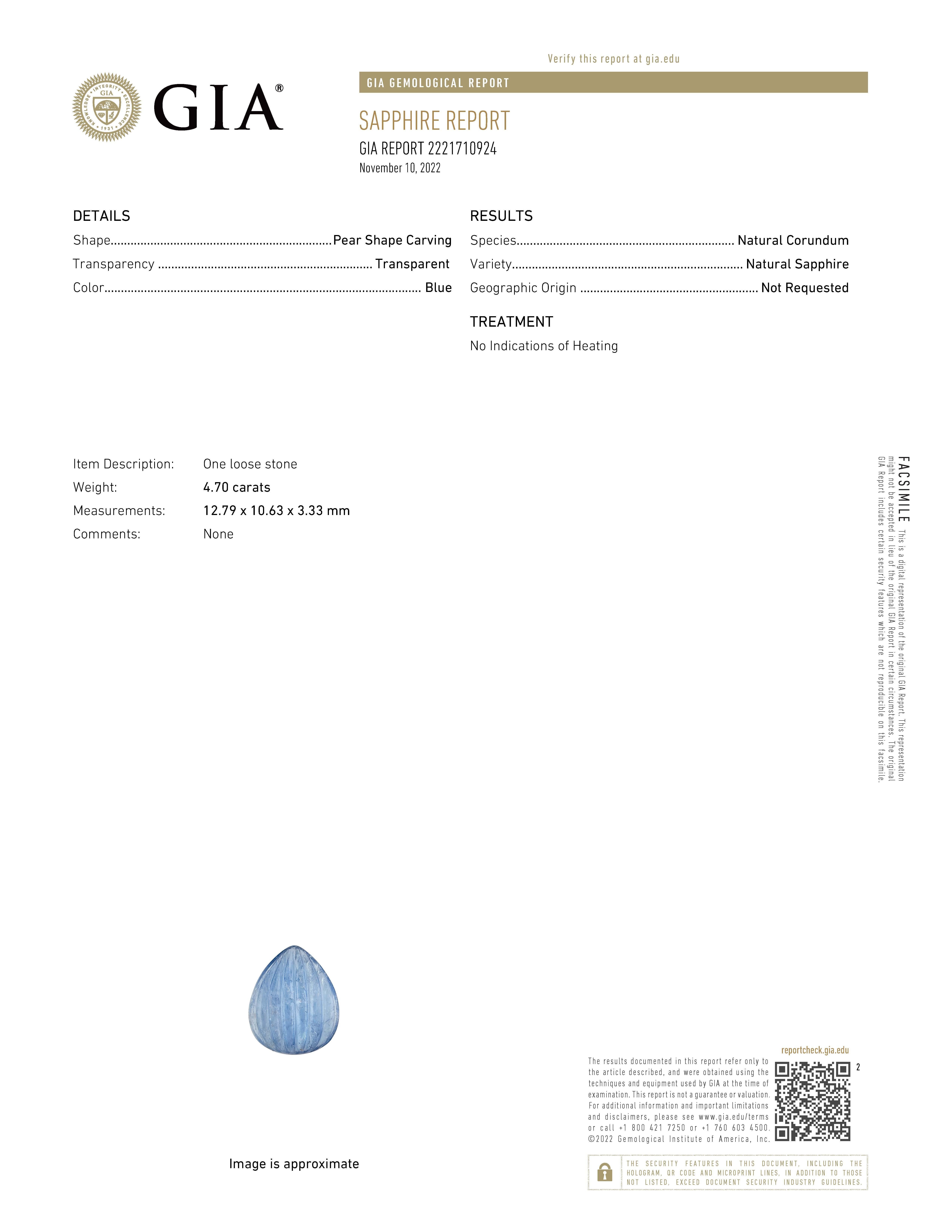 Le saphir naturel sculpté en forme de poire, certifié par la GIA et pesant 4,70 carats, peut être considéré comme une pierre précieuse.
RAPPORT GIA 222171092
Forme Sculpture en forme de poire
Transparence Transparence
Couleur Bleu
Espèces Corindon