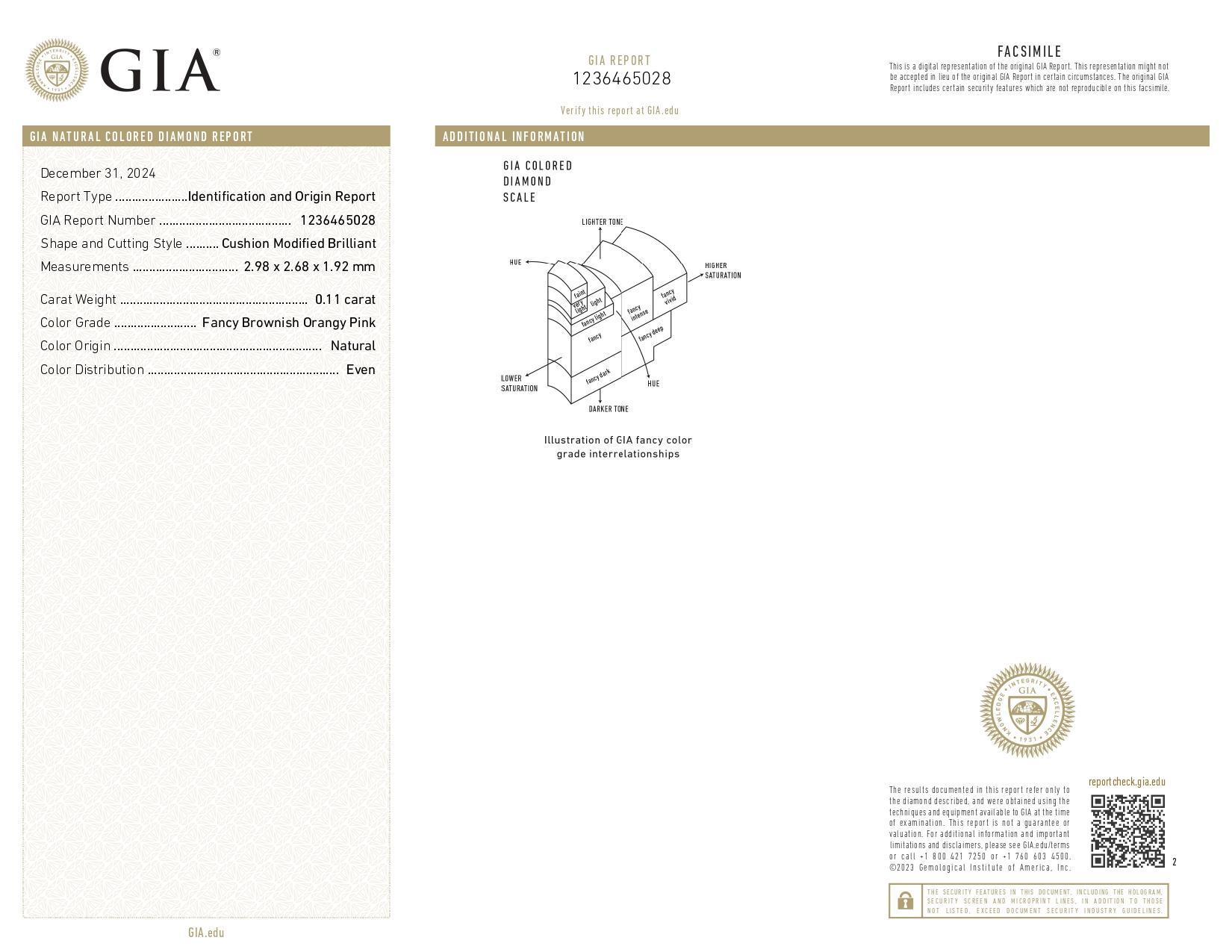 GIA Certified 0.11ct Fancy Brownish Orangy Pink Cushion Natural Diamond In Excellent Condition For Sale In New York, NY