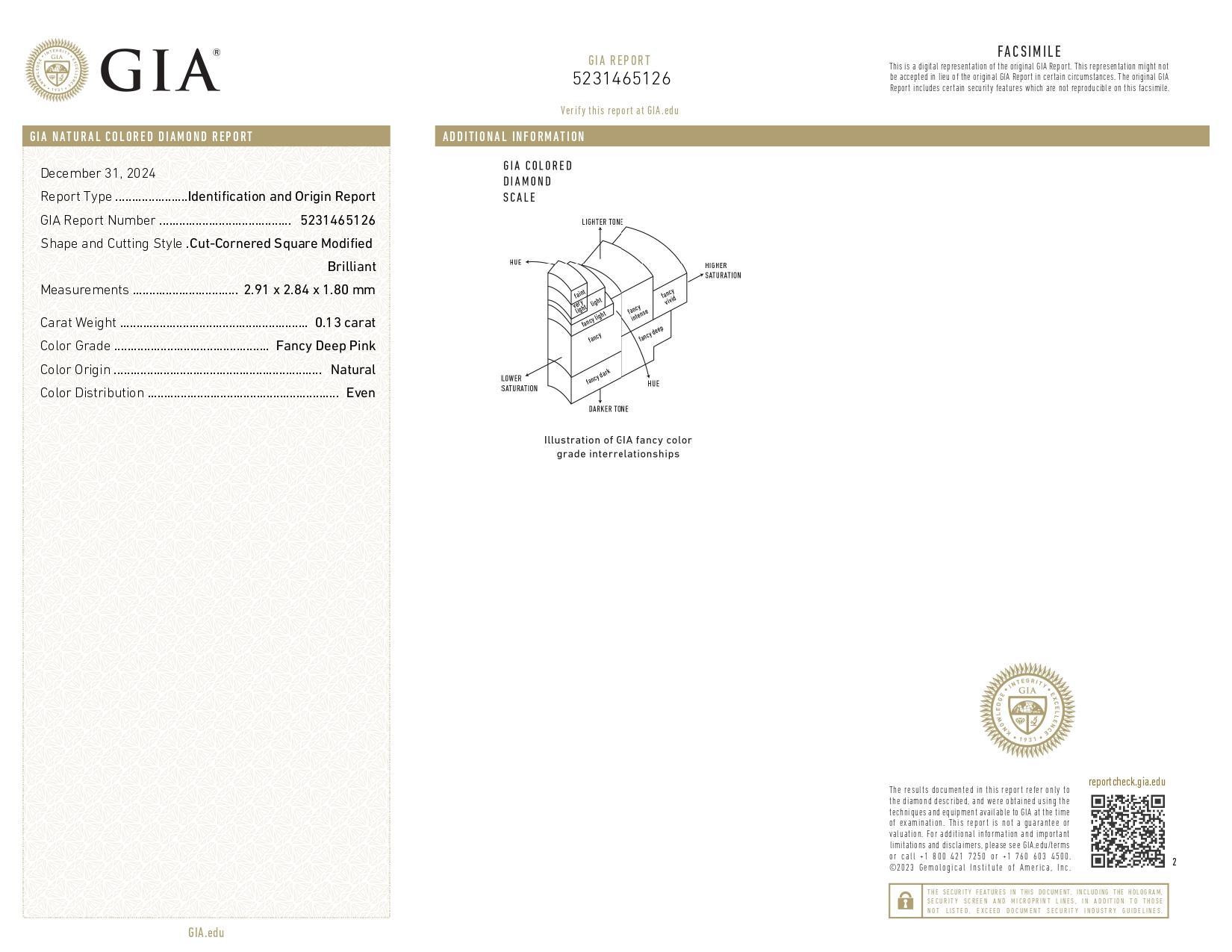 Taglio brillante GIA Certified 0.13ct Fancy Deep Pink Cut Cornered Square Natural Diamond (Diamante naturale con angoli) in vendita