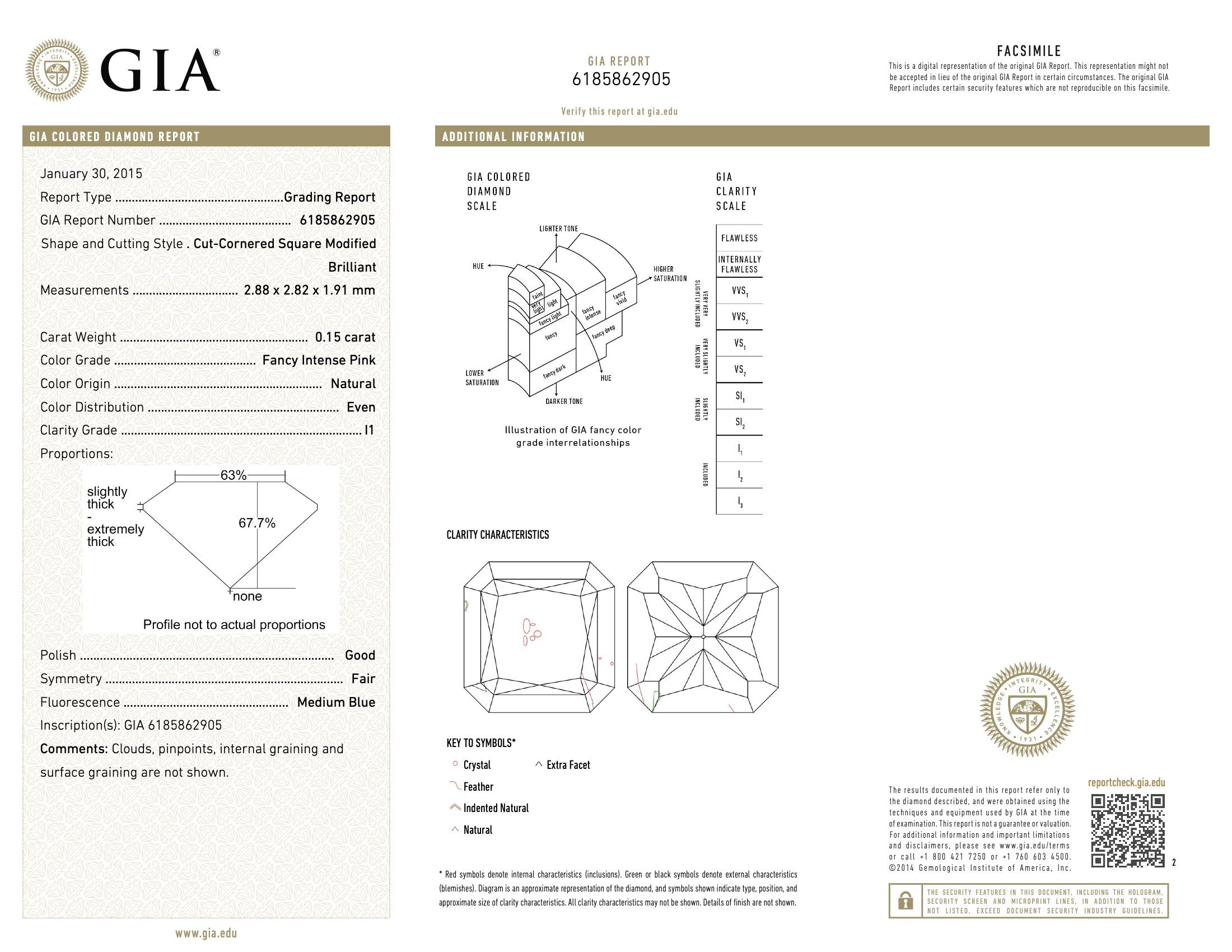 GIA Certified 0.15 Carat Fancy Intense Pink I1 Clarity Diamond For Sale 1