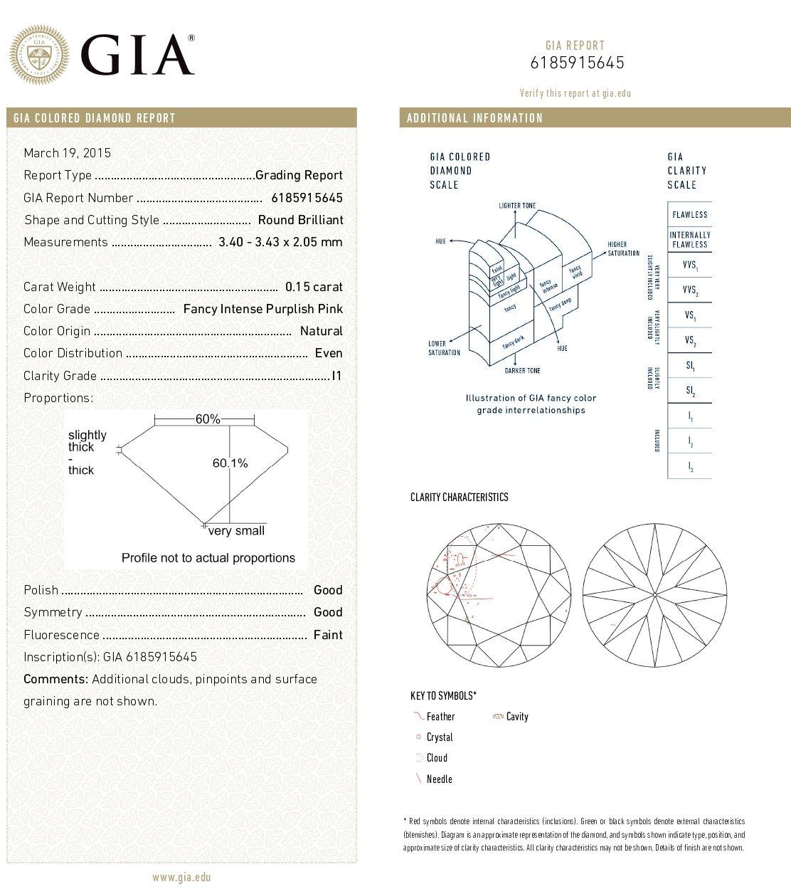 GIA Certified 0.15 Carat Fancy Intense Purplish Pink I1 Clarity Diamond For Sale 1