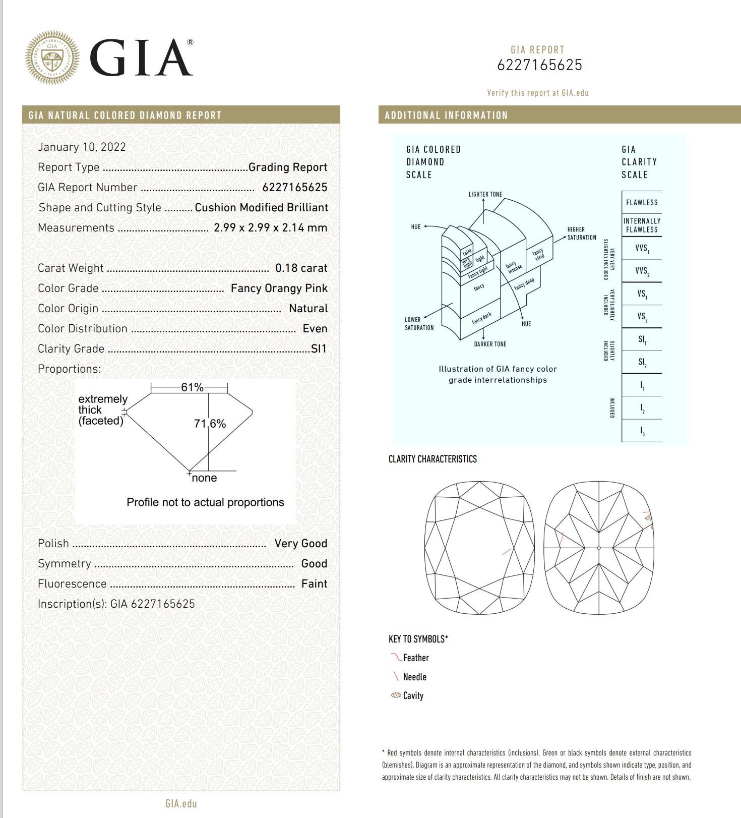 GIA Certified 0.18 Carat Fancy Orangy Pink SI1 Clarity Diamond For Sale 1