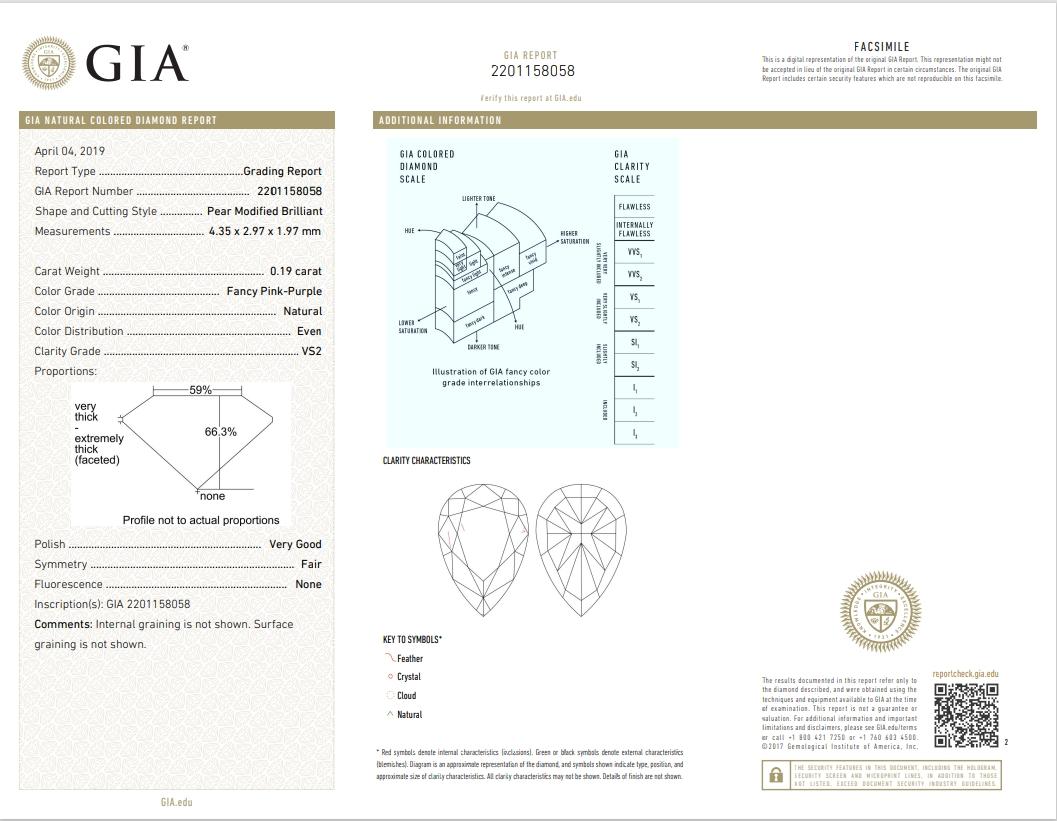 GIA Certified 0.19 Carat Fancy Pink Purple VS2 Clarity Diamond For Sale 2