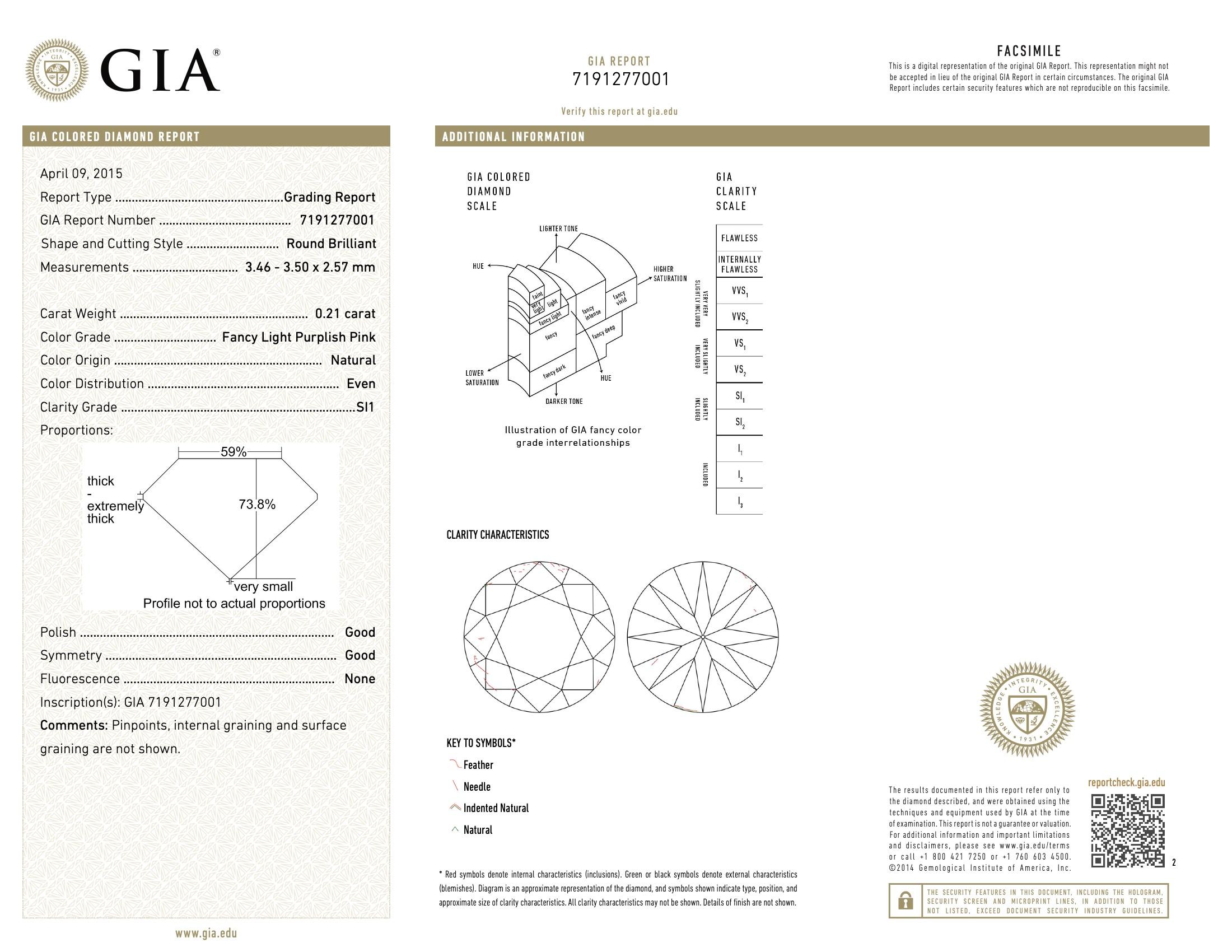 GIA Certificato 0,21 Carati Fancy Light Purplish Pink SI1 Clarity in vendita 1