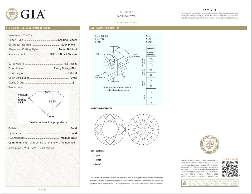 GIA Certified 0.21 Carat Fancy Orangy Pink SI1 Clarity Diamond For Sale 1