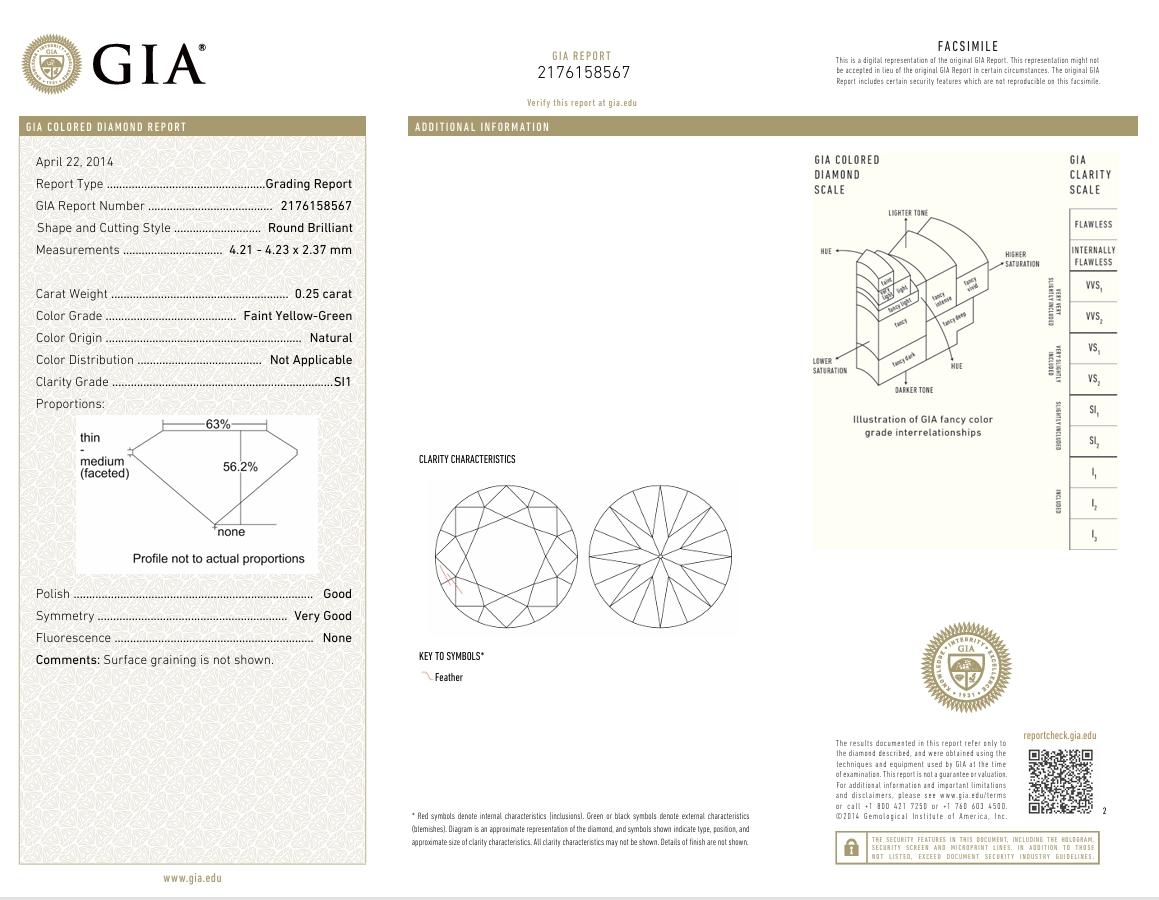 GIA Certified 0.25 Carat Faint Yellow Green SI1 Clarity Diamond For Sale 1