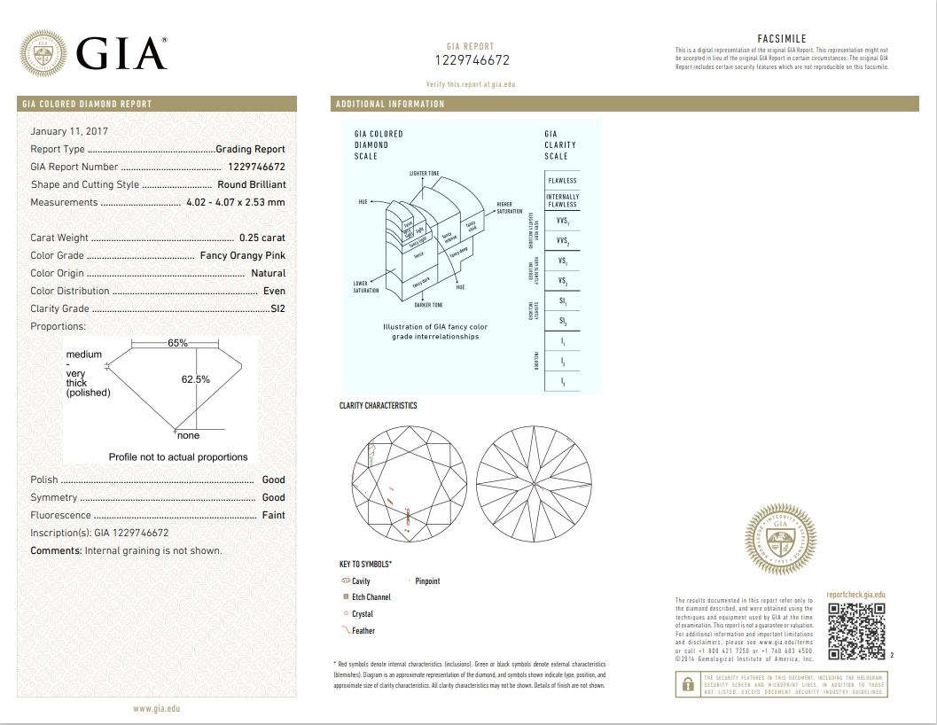 GIA Certified 0,25 Carat Fancy Orangy Pink SI2 Clarity Diamante certificato 0,25 Carat Fancy Orangy Pink SI2 Clarity in vendita 3