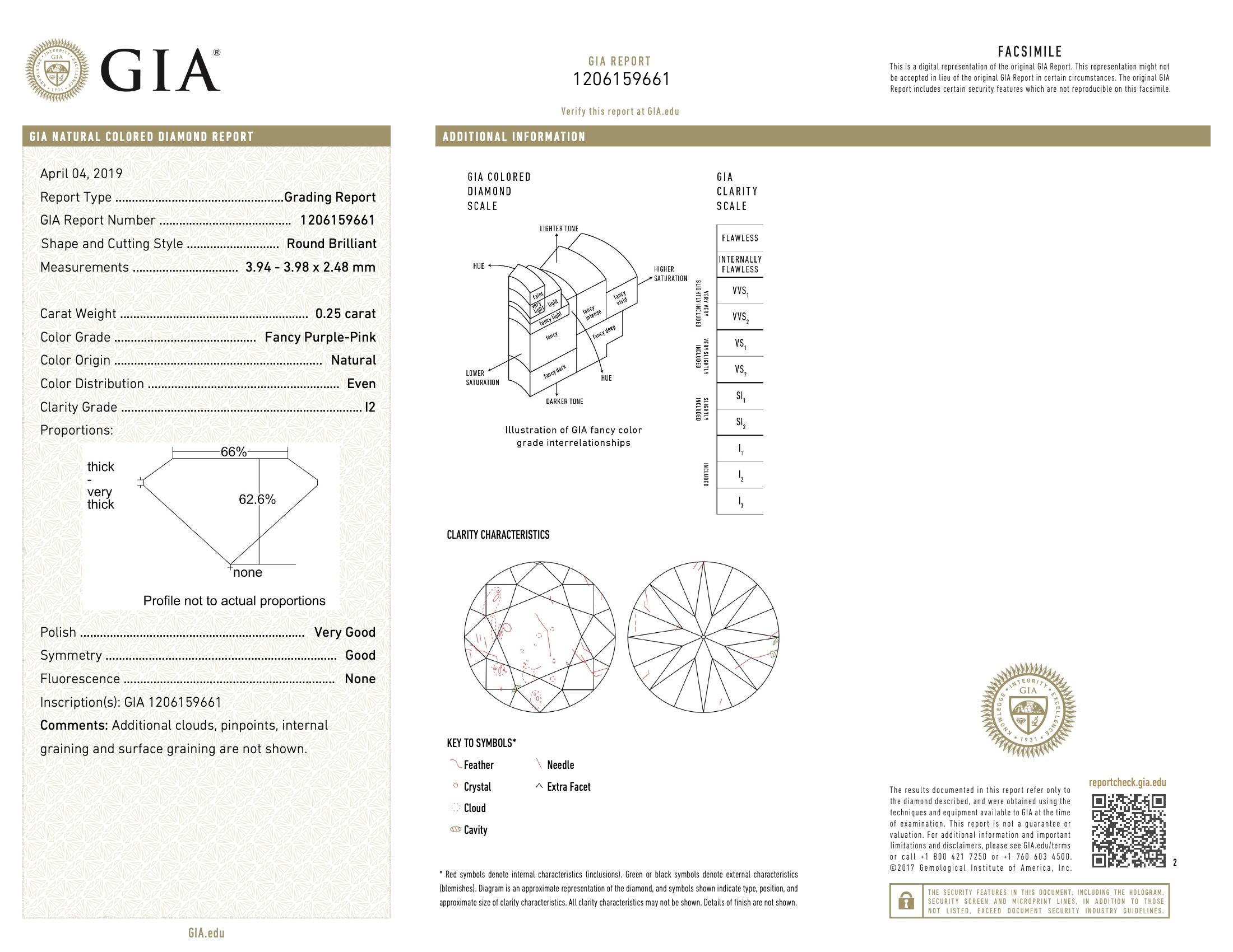 GIA Certified 0.25 Carat Fancy Purple Pink I2 Clarity Diamond For Sale 1