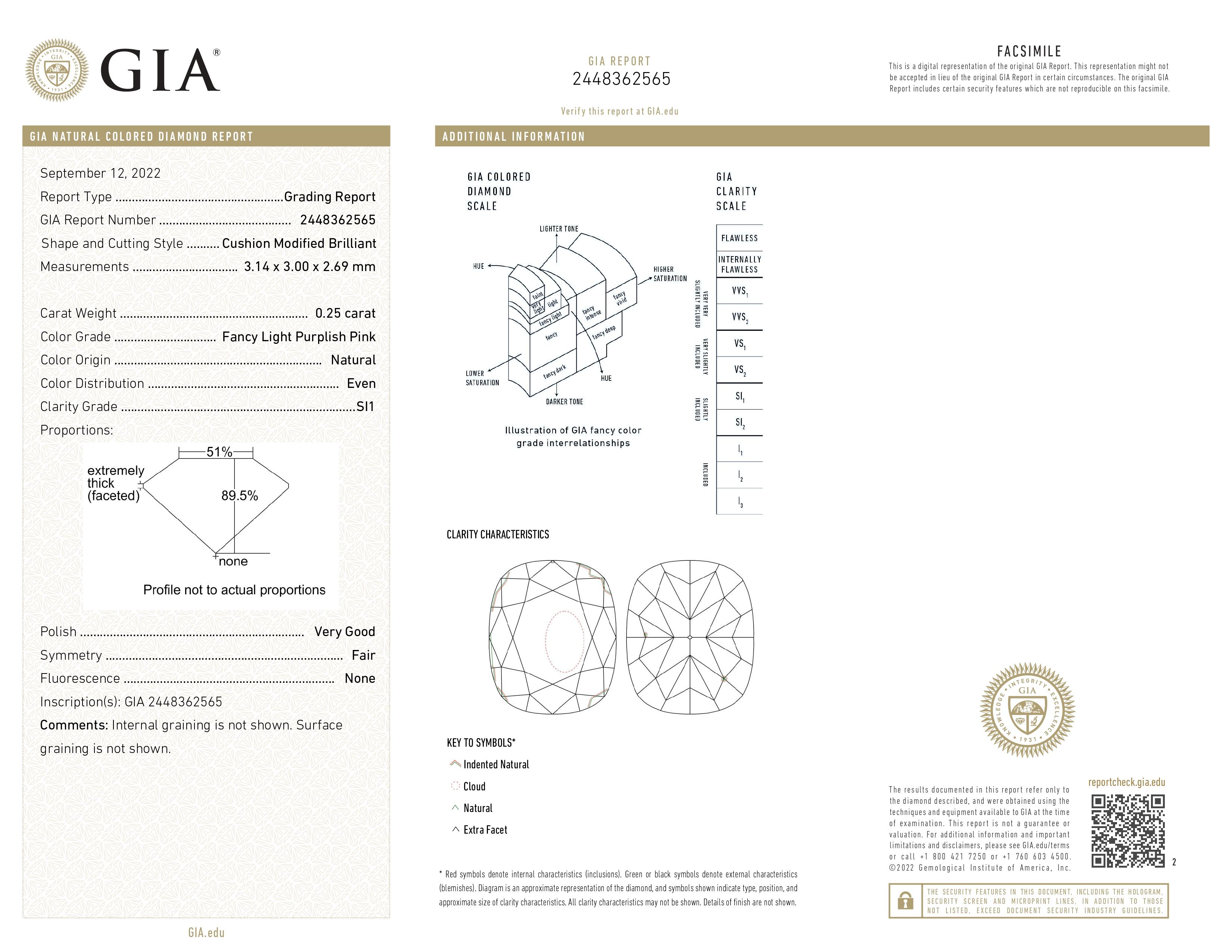 GIA Certified, 0.25ct Fancy Light Purplish Pink Cushion Cut Natural Diamond Ring For Sale 1