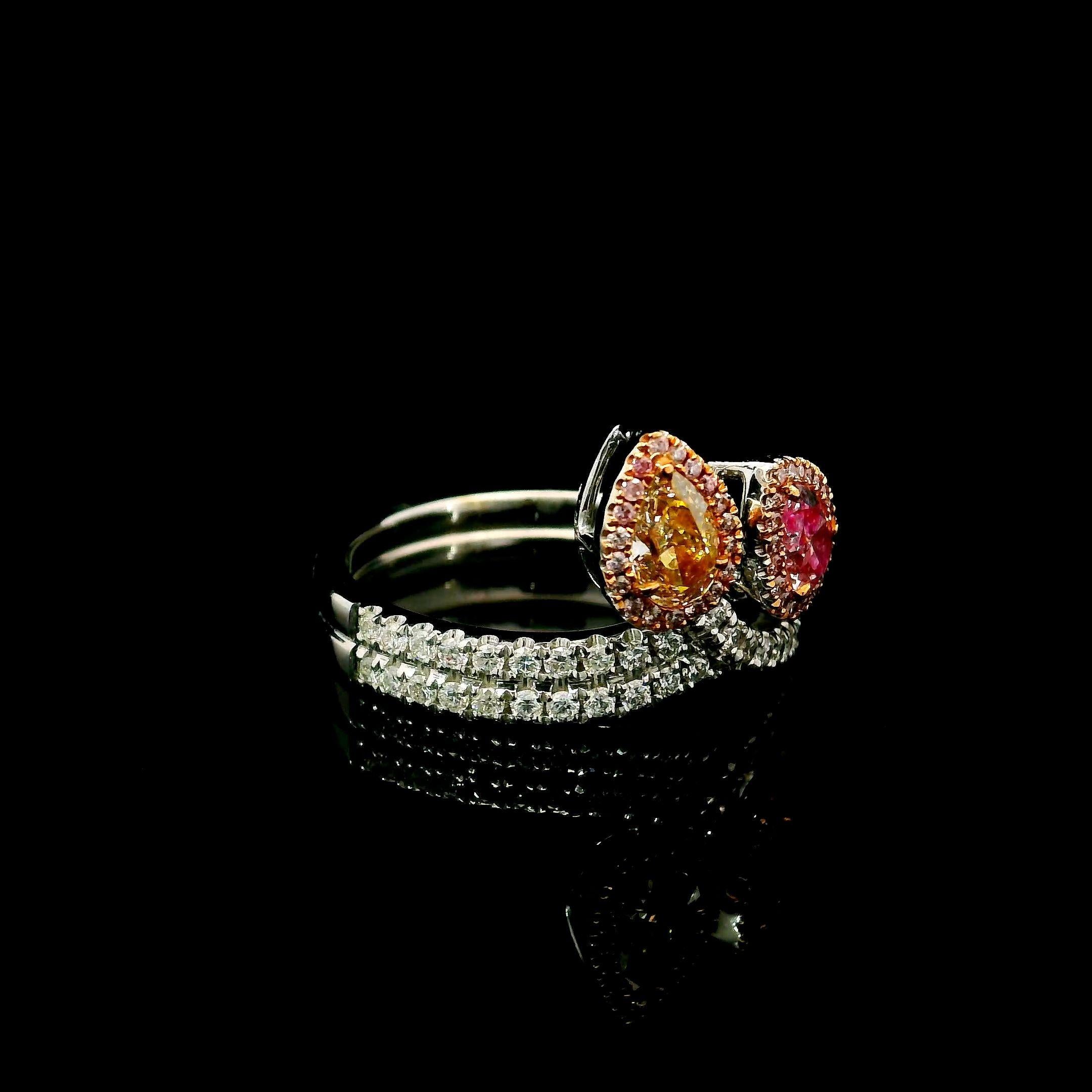 Taglio a goccia Anello certificato GIA 0,26 CT giallo tenue intenso VS2 / 0,30 CT rosa tenue I1 18 K. in vendita