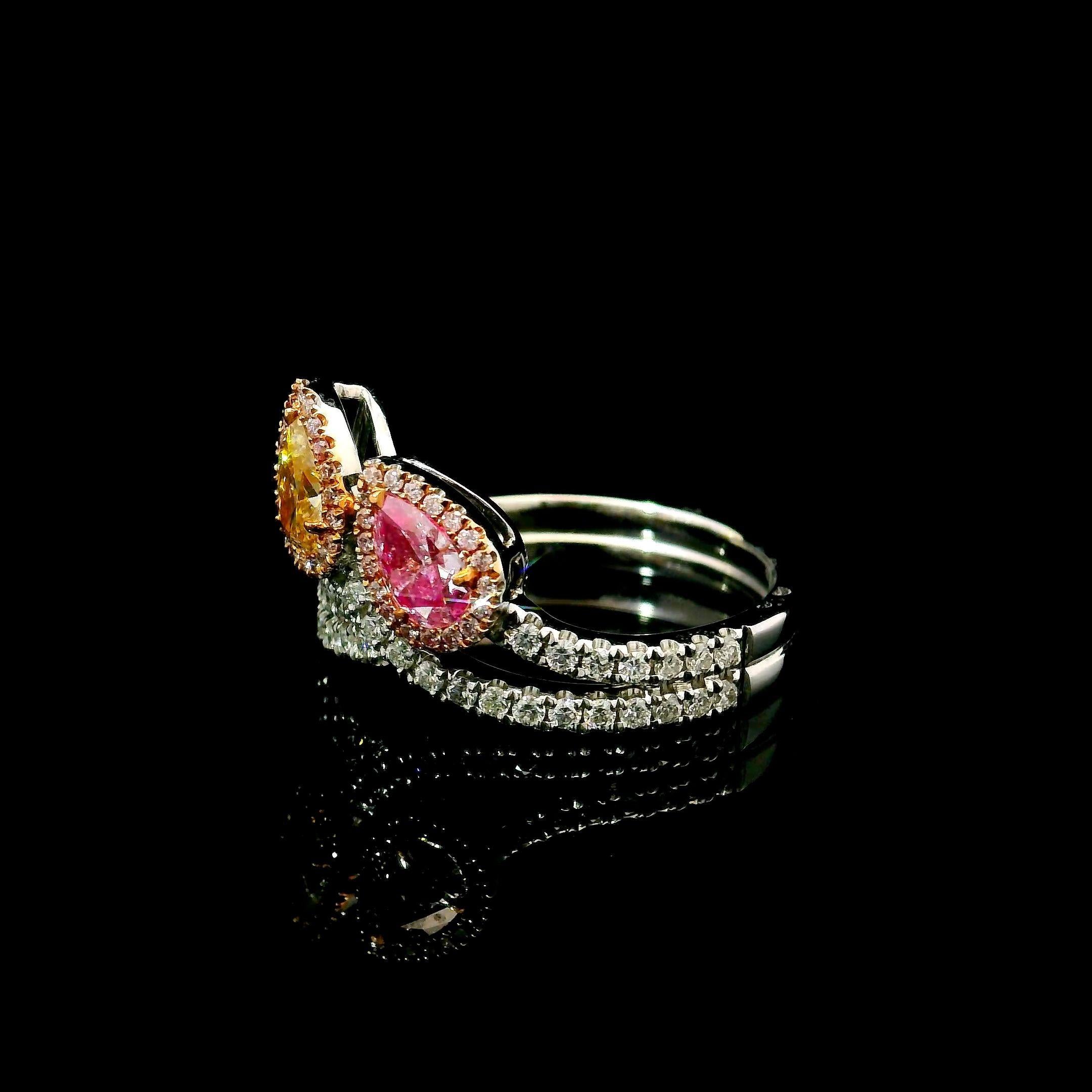 Anello certificato GIA 0,26 CT giallo tenue intenso VS2 / 0,30 CT rosa tenue I1 18 K. In condizioni Nuovo in vendita a บางรัก, TH