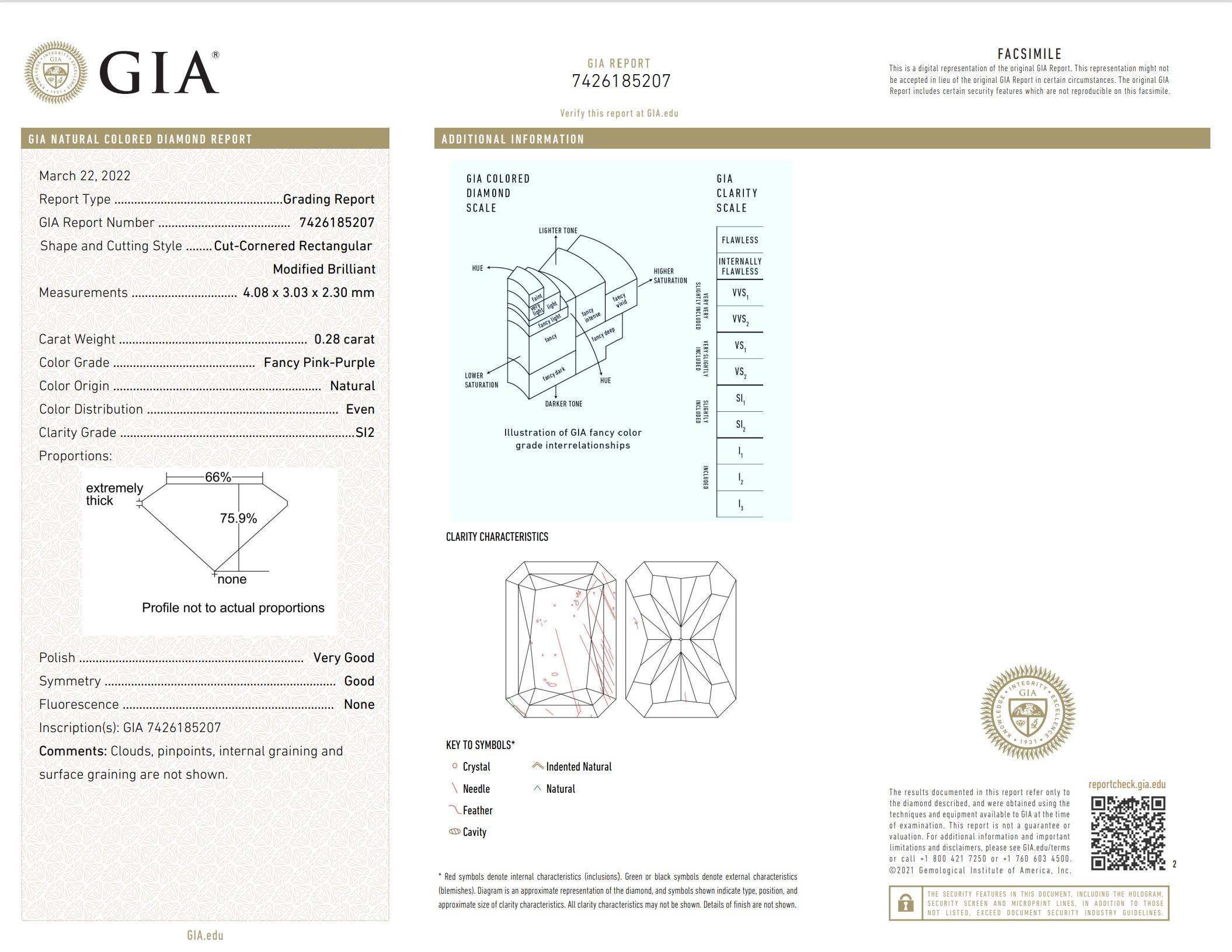 GIA Certified 0.28 carat Fancy Pink Purple SI2 Clarity Diamond For Sale 1
