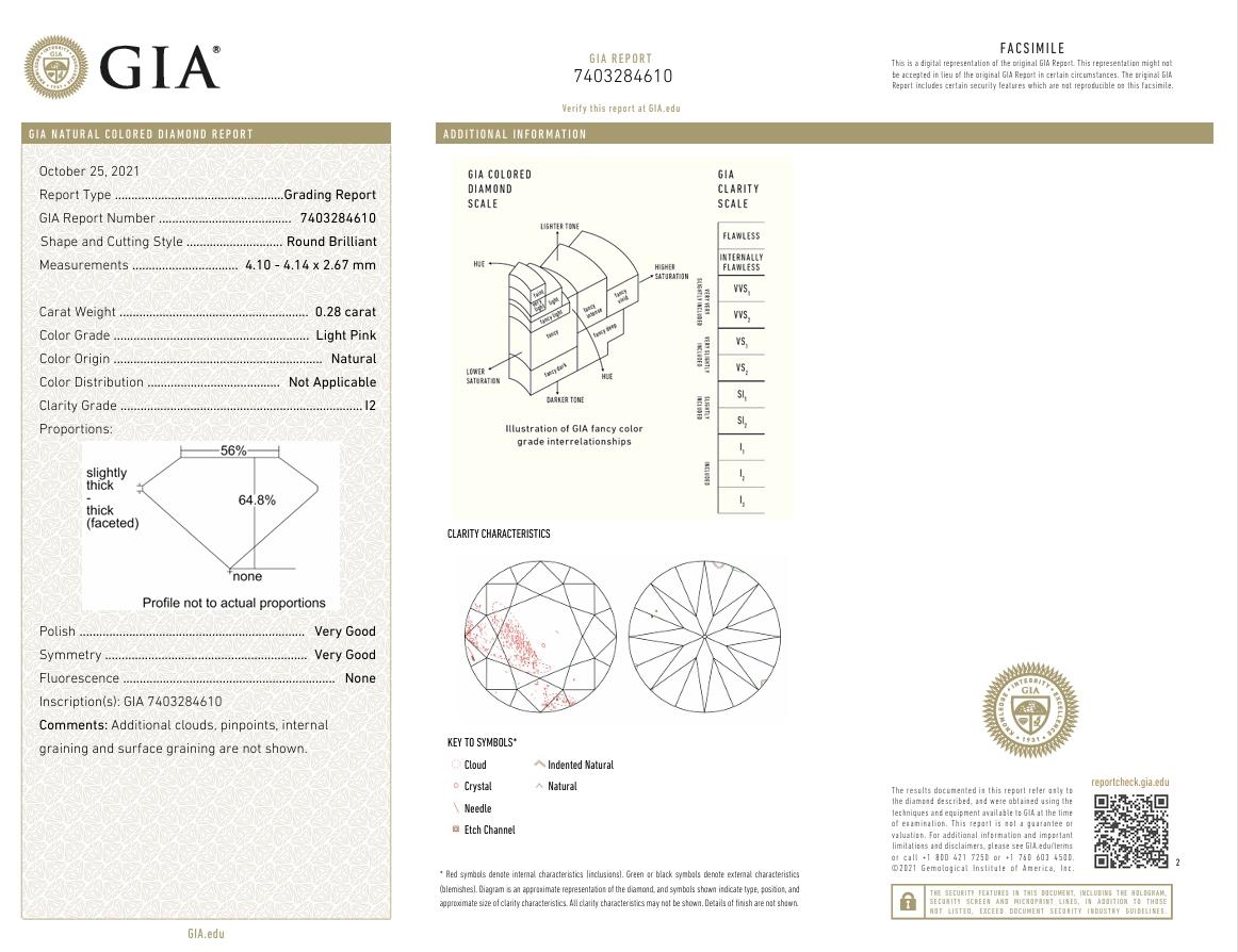 GIA Certified 0.28 Carat Light Pink I2 Clarity Diamond For Sale 1