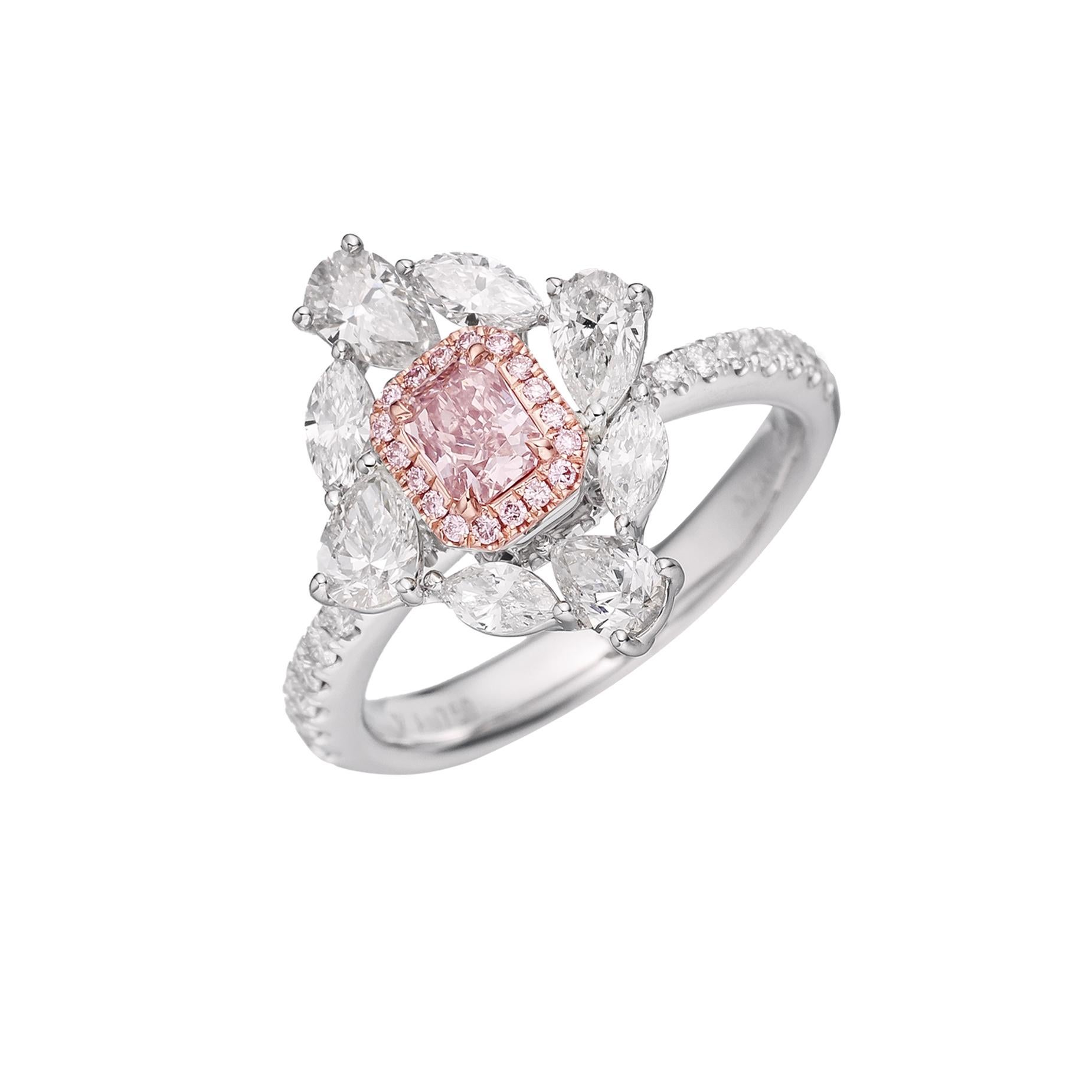 Contemporary GIA Certified, 0.28ct Fancy Orangy Pink Radiant Shape Natural Diamond Ring 18K For Sale