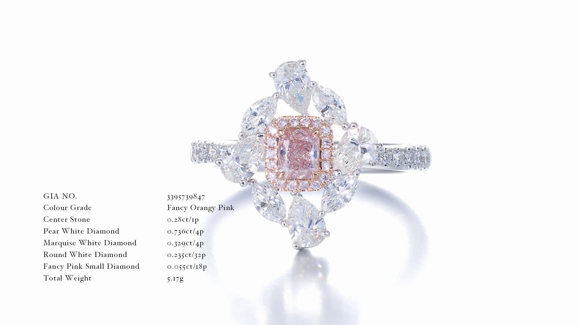 Women's GIA Certified, 0.28ct Fancy Orangy Pink Radiant Shape Natural Diamond Ring 18K For Sale