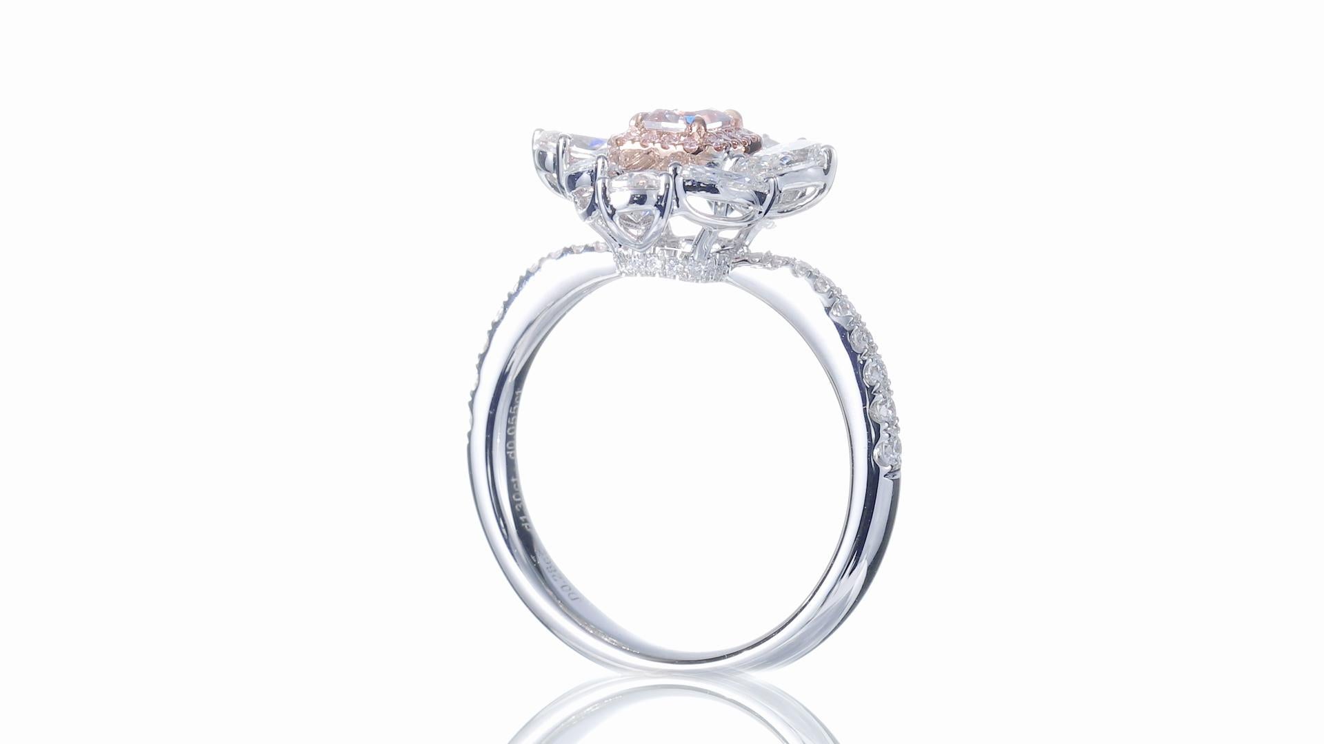 GIA Certified, 0.28ct Fancy Orangy Pink Radiant Shape Natural Diamond Ring 18K For Sale 1