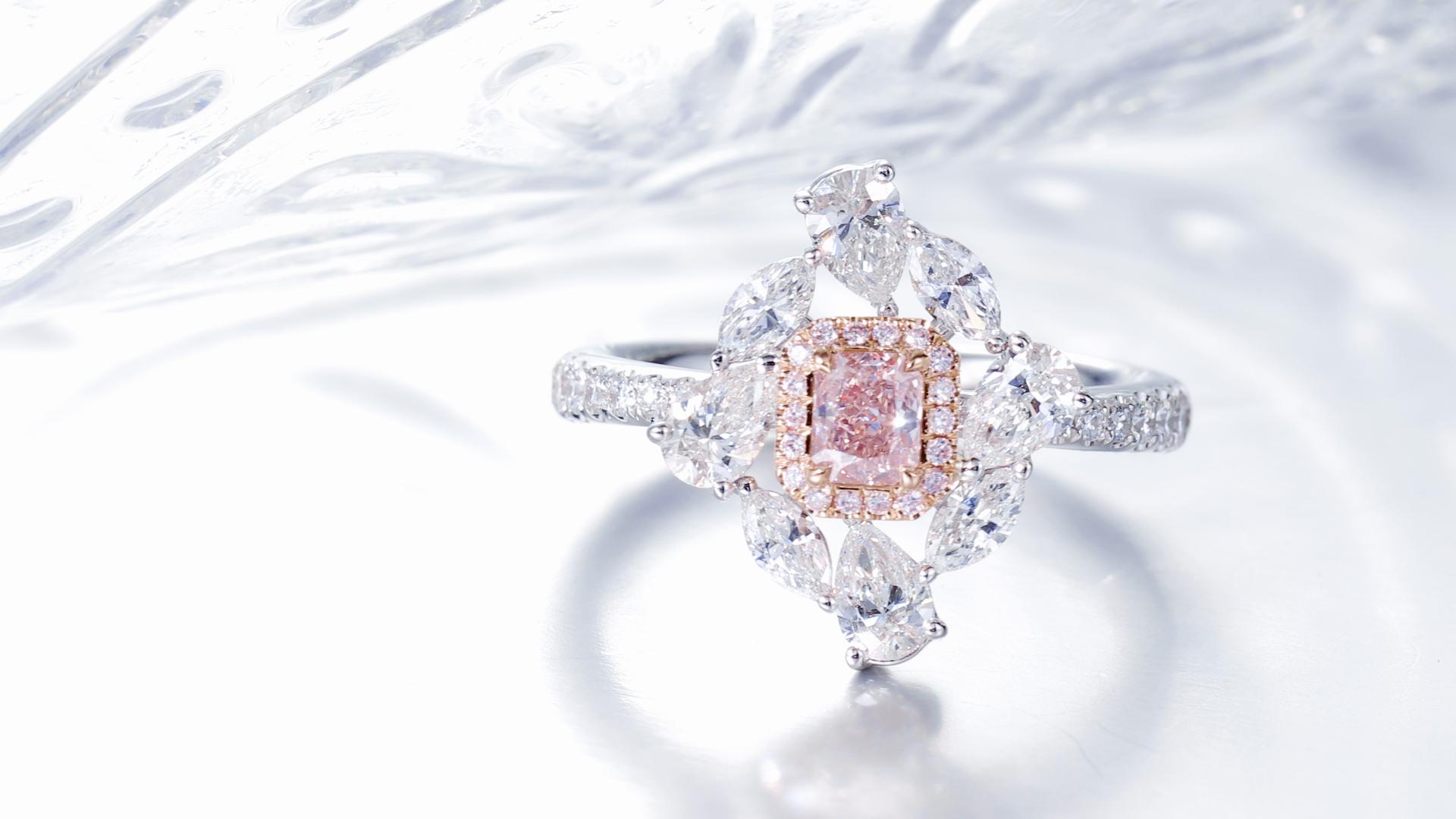 GIA Certified, 0.28ct Fancy Orangy Pink Radiant Shape Natural Diamond Ring 18K For Sale 2