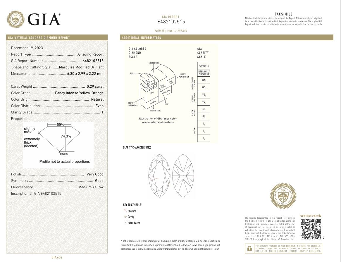 GIA Certified 0.29 Carat Fancy Intense Yellow Orange I1 Clarity Diamond For Sale 1