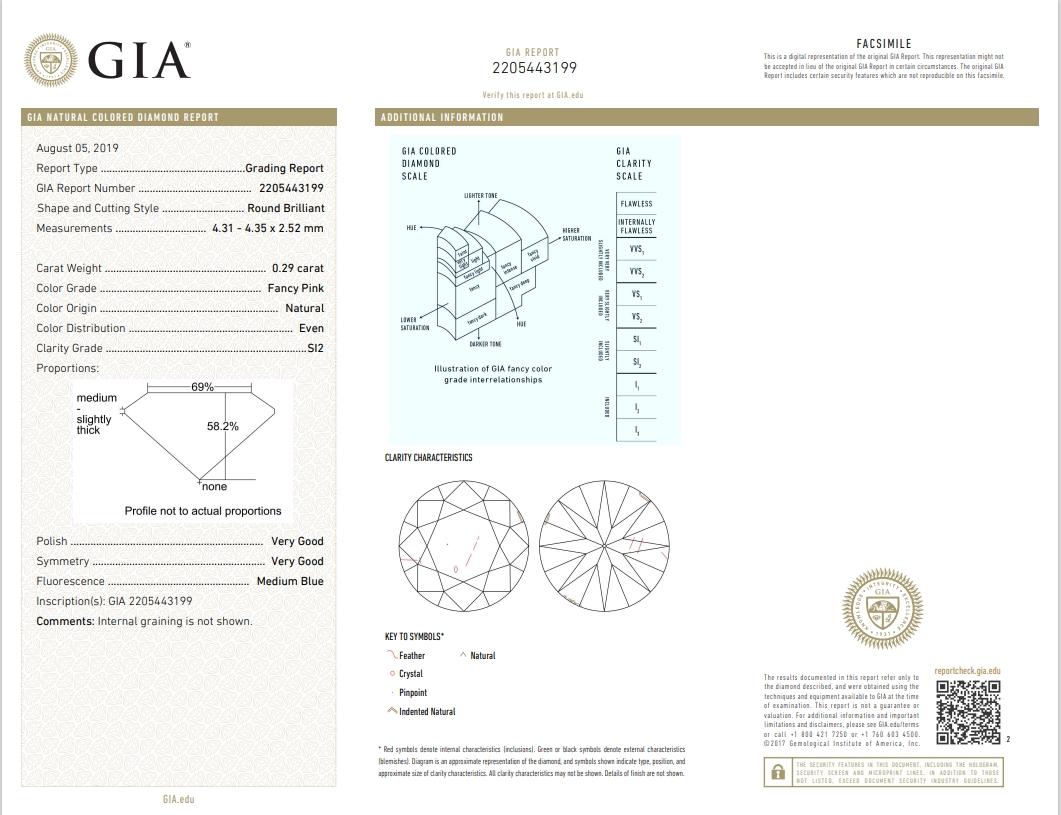 GIA Certified 0.29 Carat Fancy Pink SI2 Clarity Diamond For Sale 1