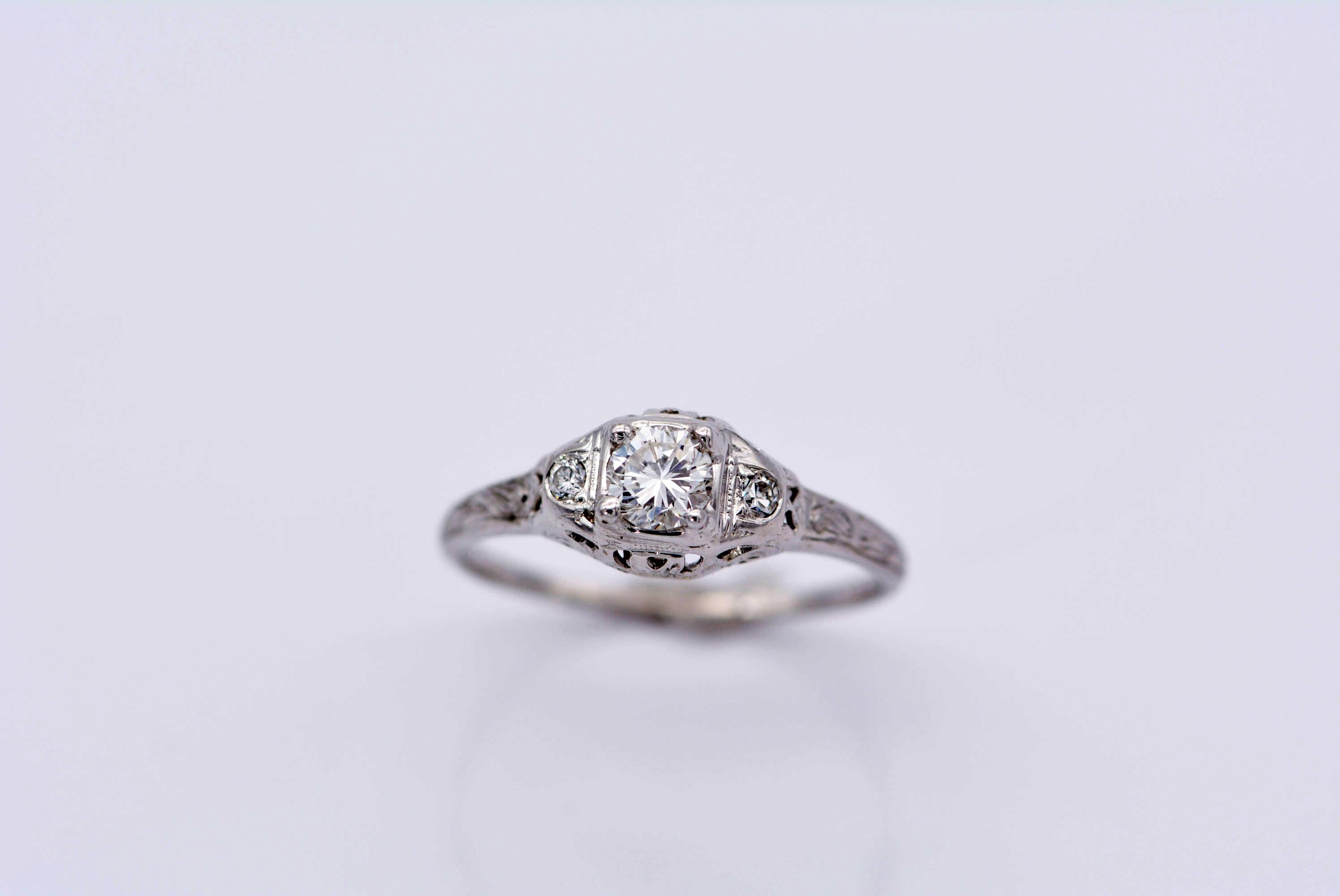 Art Deco GIA Certified 0.30 Carat Diamond Ring 18 Karat White Gold by Birks For Sale