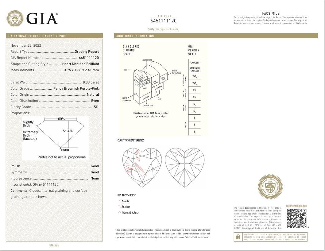GIA Certified 0.30 Carat Fancy Brownish Purple Pink SI1 Clarity Diamond Ring For Sale 1