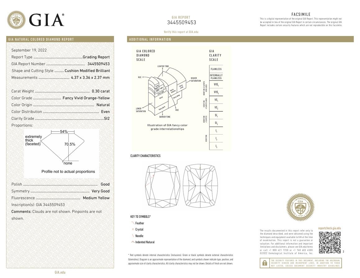 GIA Certified 0.30 Carat Fancy Vivid Orange Yellow SI2 Clarity Diamond For Sale 1