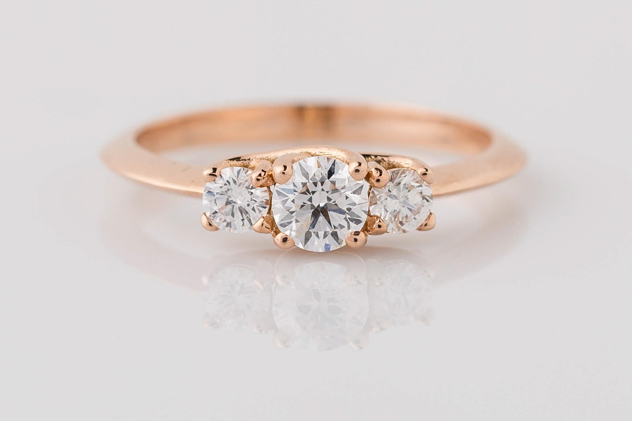 For Sale:  GIA Certified 0.52 Ctw  3-Stone Diamond Engagement Ring in 14K Rose Gold  2