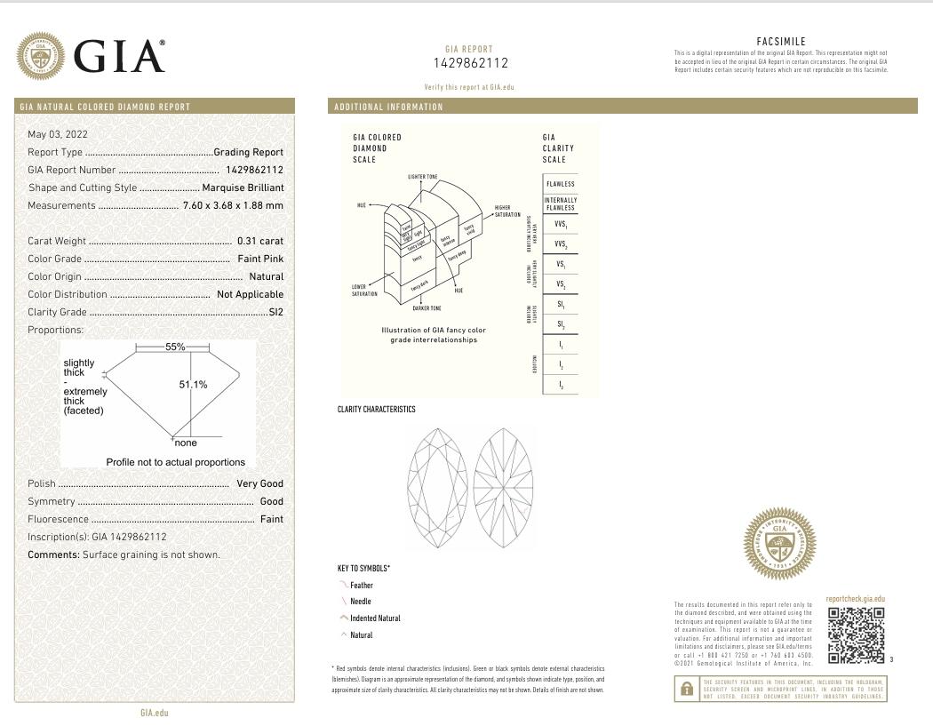 Women's or Men's GIA Certified 0.31 Carat Faint Pink SI2 Clarity Diamond For Sale