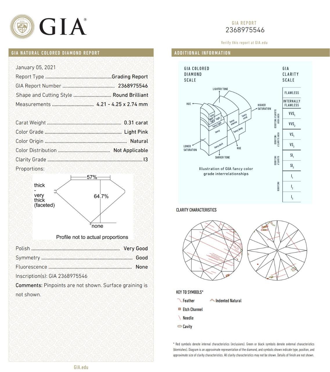 GIA Certified 0.31 Carat Light Pink I3 Clarity Diamond Ring For Sale 3