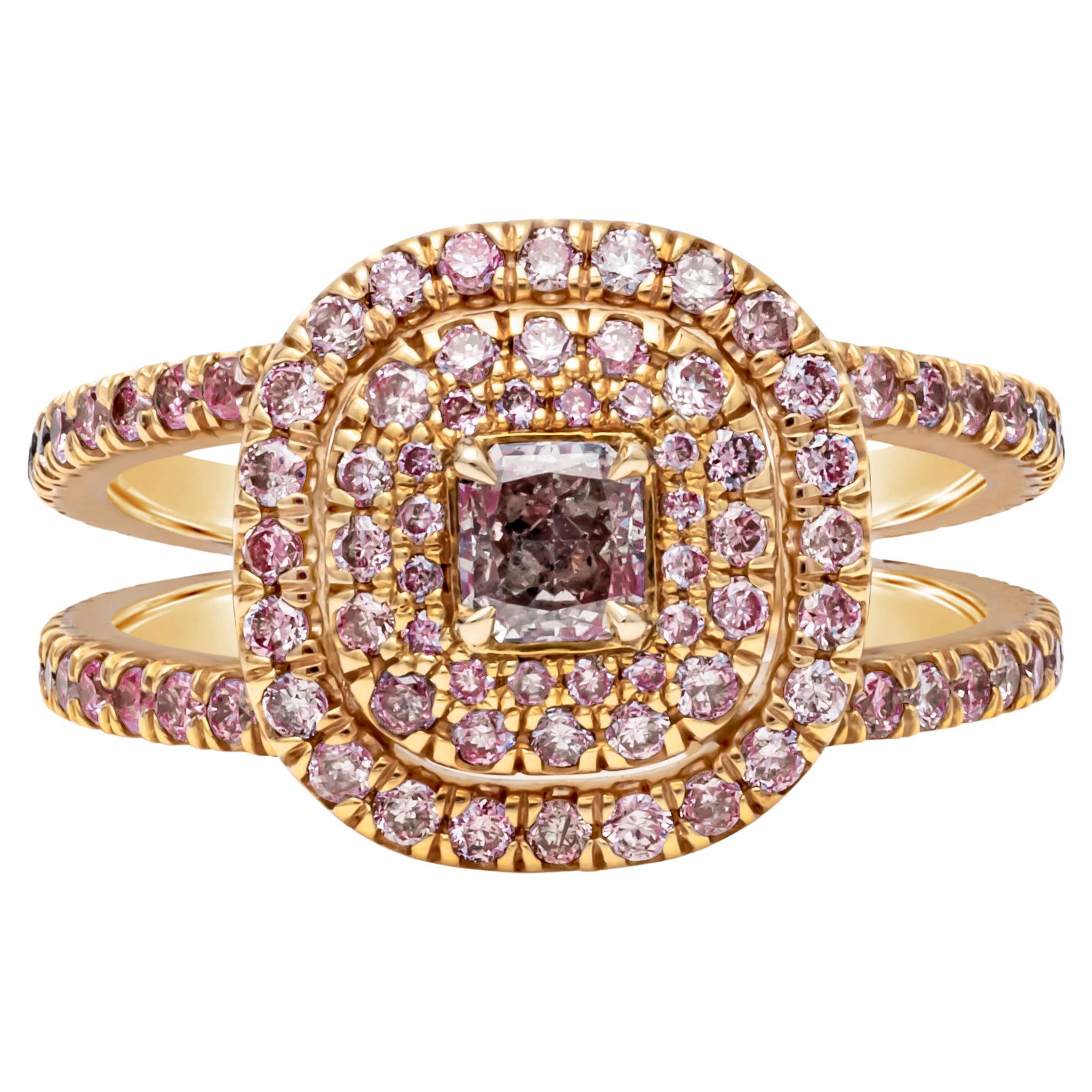 GIA Certified 0.31 Carats Radiant Cut Purple Pink Diamond Halo Engagement Ring For Sale