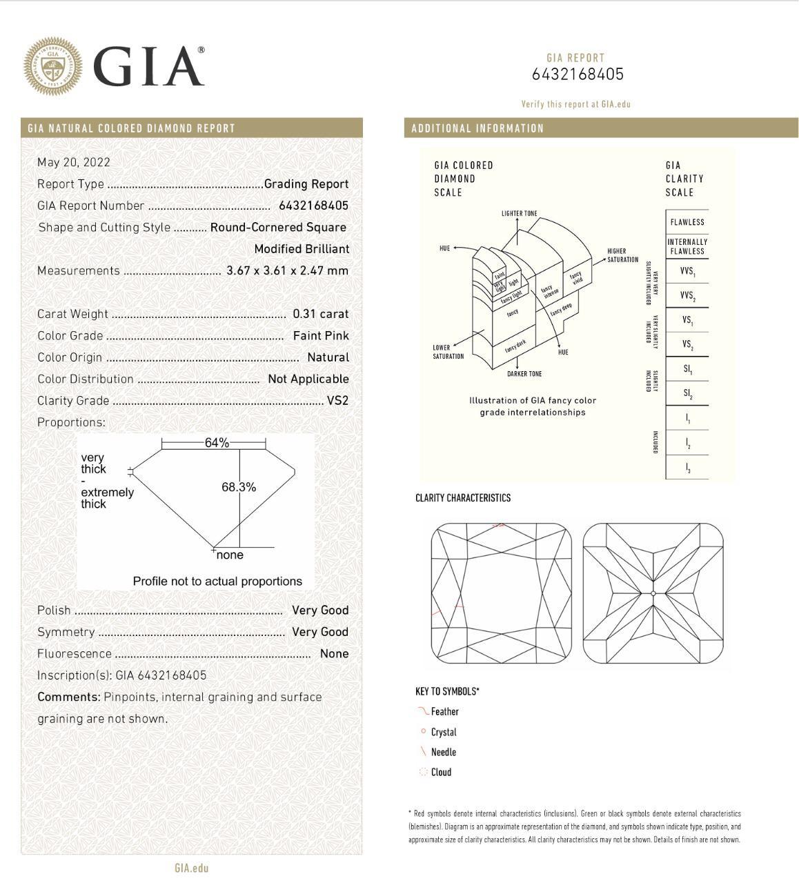 GIA Certified 0.31 CT Faint Pink VS2/0.31 CT Faint Pink SI1 Clarity Diamond Ring For Sale 3