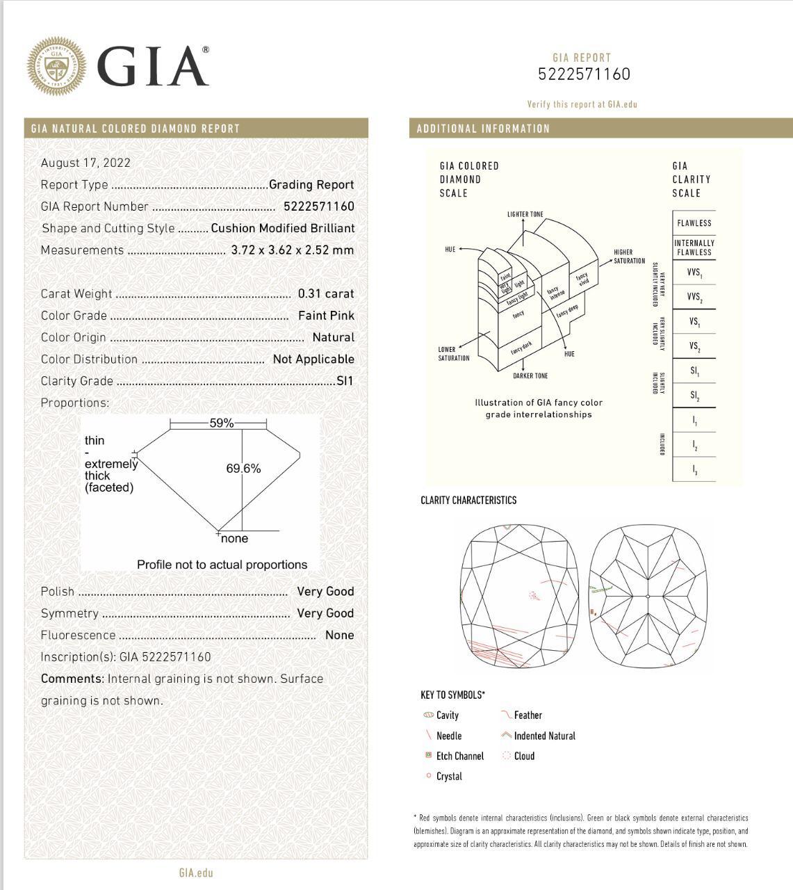 GIA Certified 0.31 CT Faint Pink VS2/0.31 CT Faint Pink SI1 Clarity Diamond Ring For Sale 4